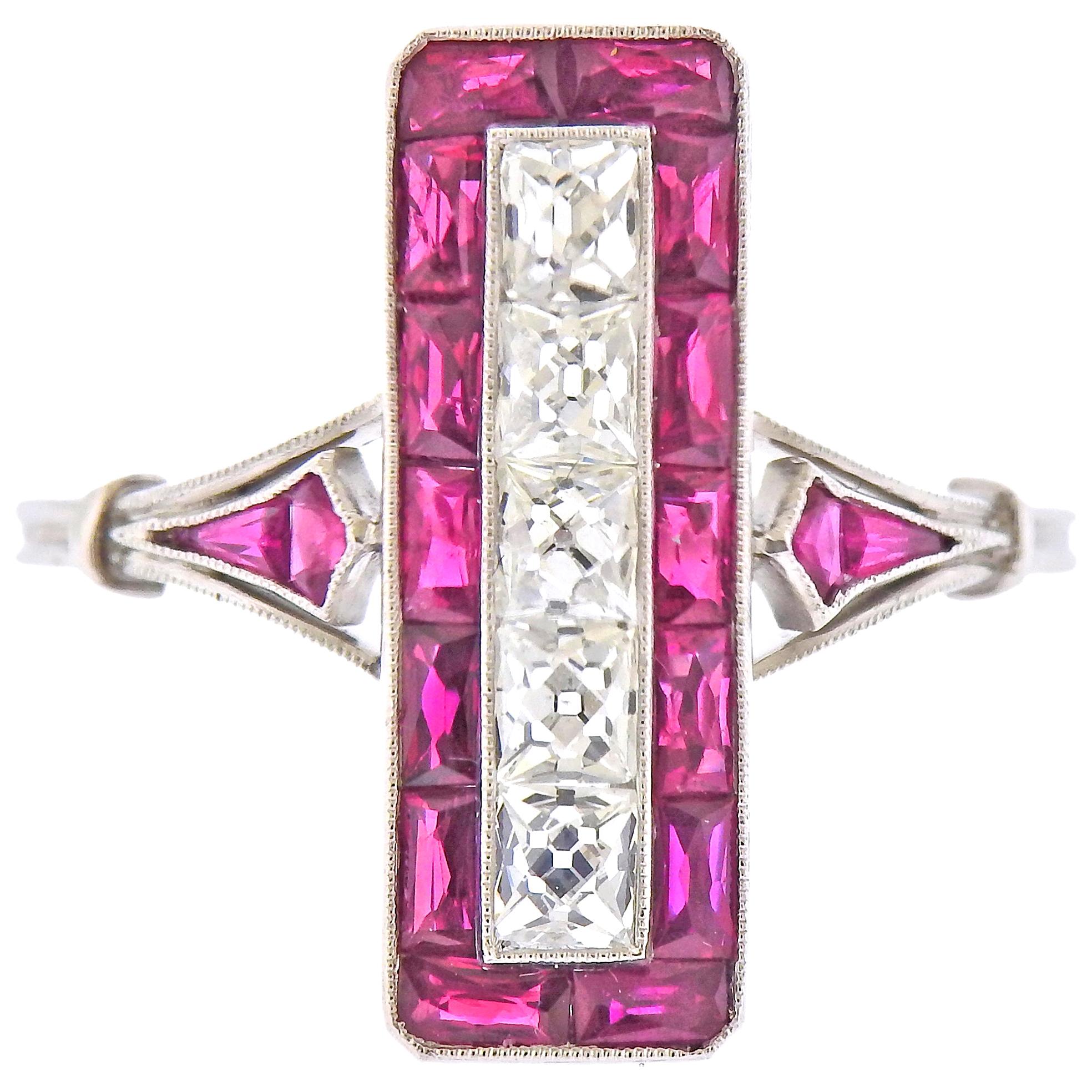 Art Deco Style French Cut Ruby Platinum Ring For Sale