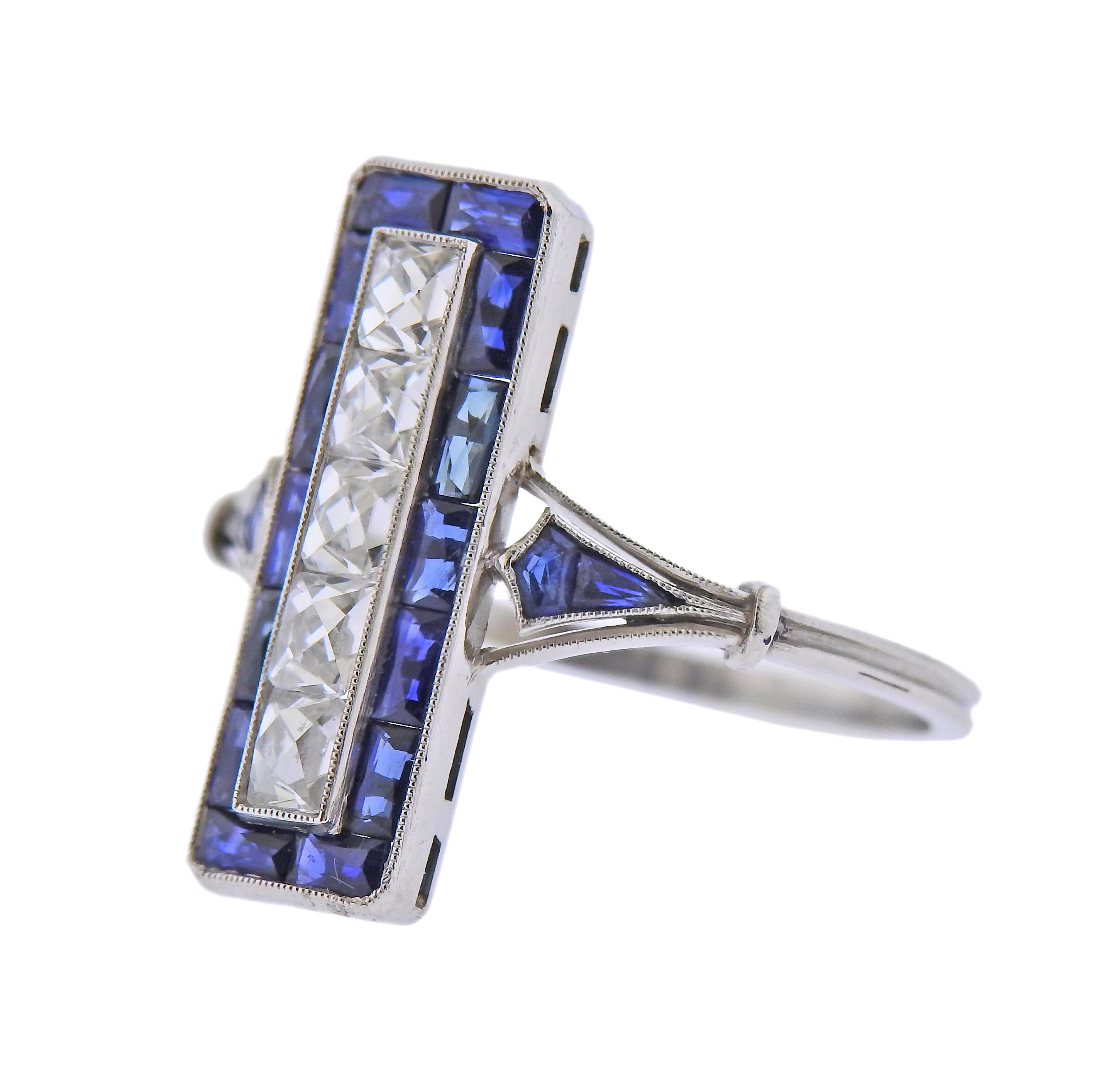 Deco style platinum ring with French cut sapphires and approx. 0.50cts in diamonds. Ring size - 7, ring top - 20mm x 7mm. Weight - 4.2 grams. 