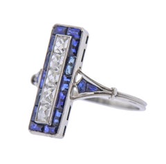Art Deco Style French Cut Sapphire Diamond Platinum Ring