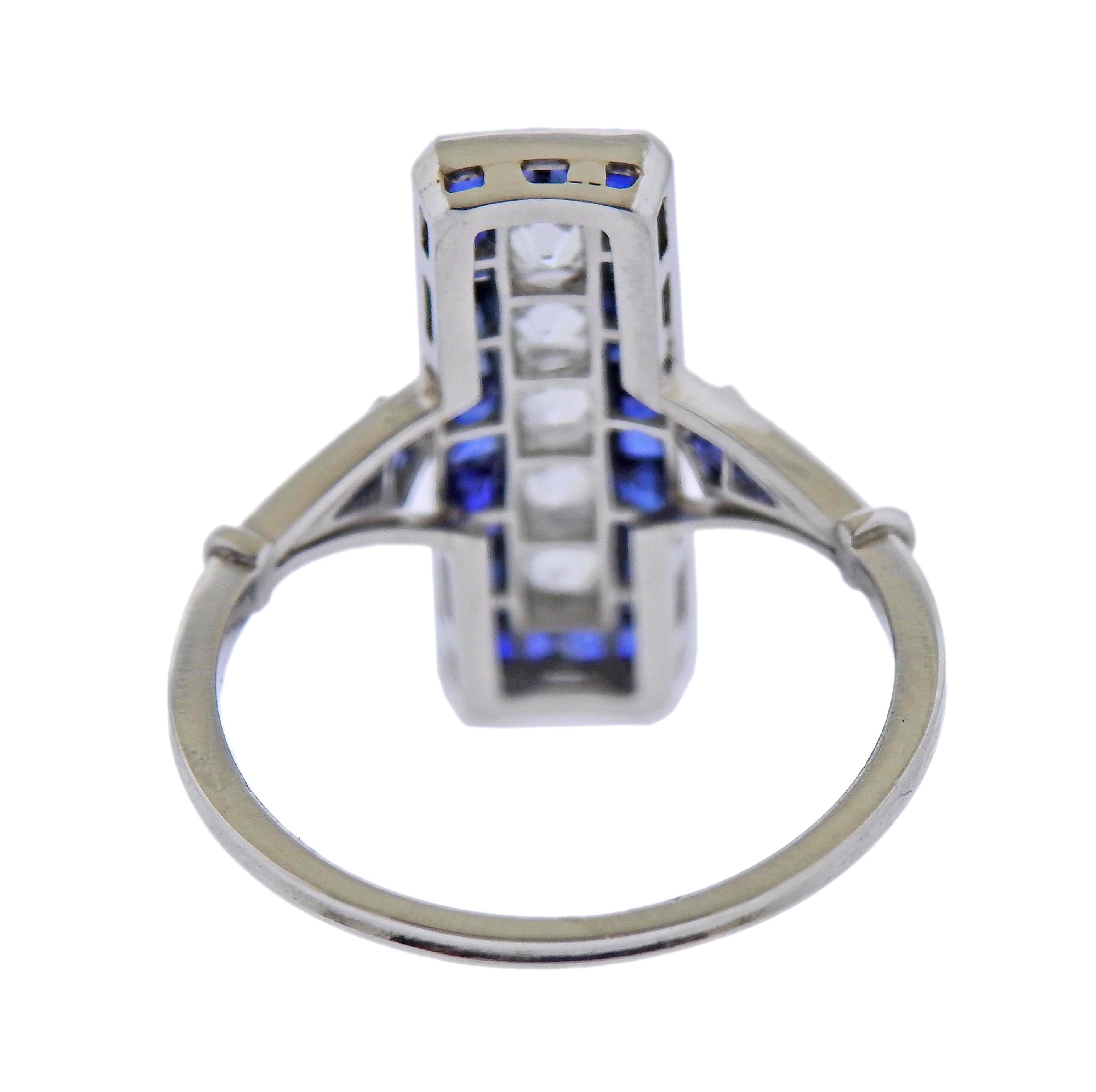 Art Deco Style French Cut Sapphire Diamond Platinum Ring In Excellent Condition For Sale In New York, NY