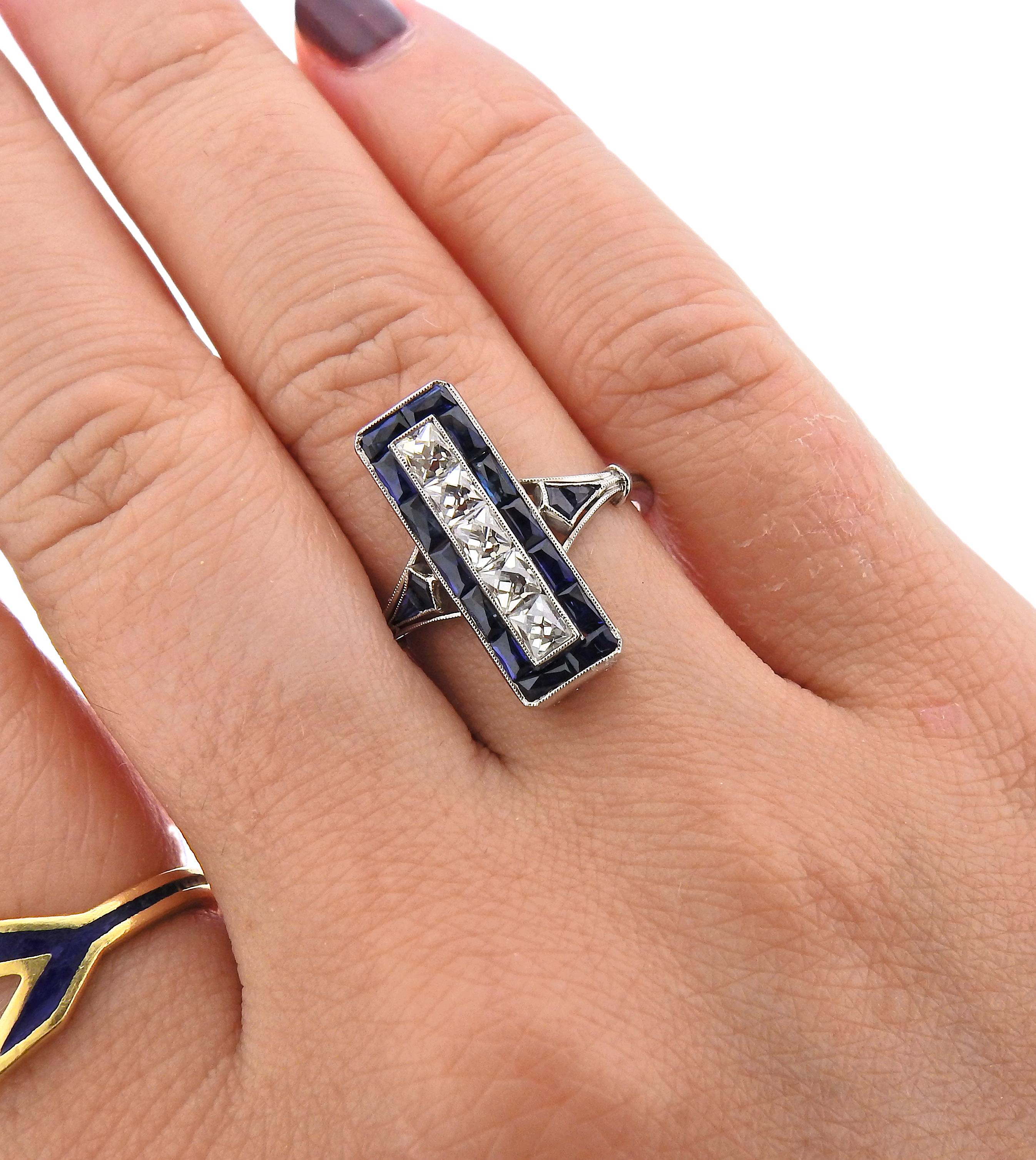 Women's Art Deco Style French Cut Sapphire Diamond Platinum Ring For Sale