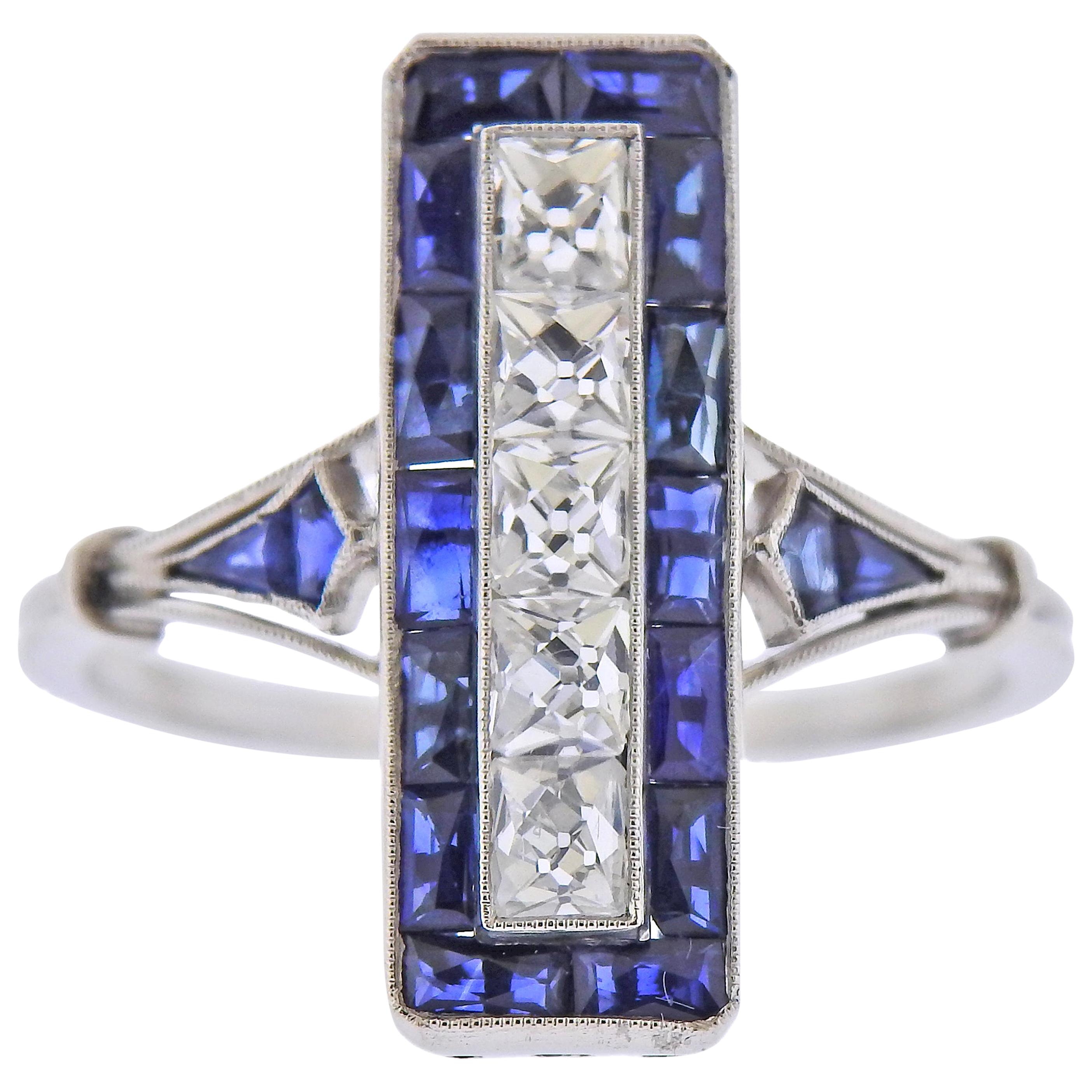 Art Deco Style French Cut Sapphire Diamond Platinum Ring For Sale