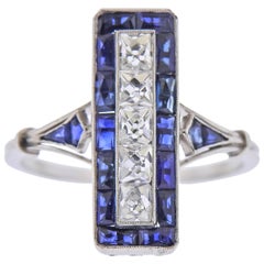 Vintage Art Deco Style French Cut Sapphire Diamond Platinum Ring