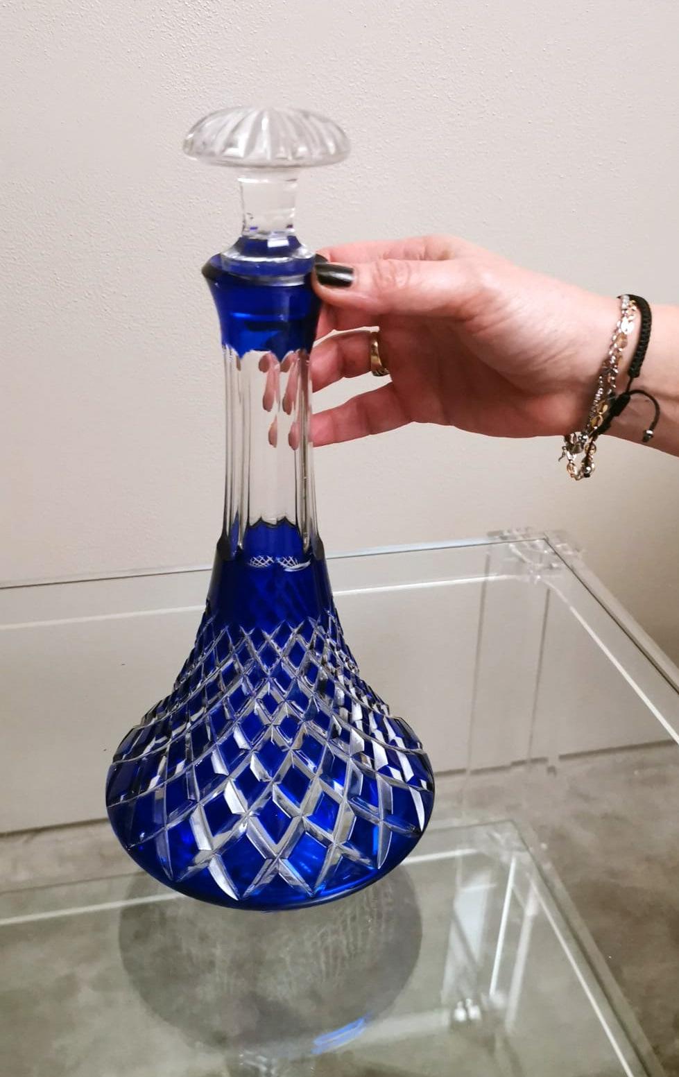 Art Deco Style French Decanter Bottle in Blue Cut Crystal 10