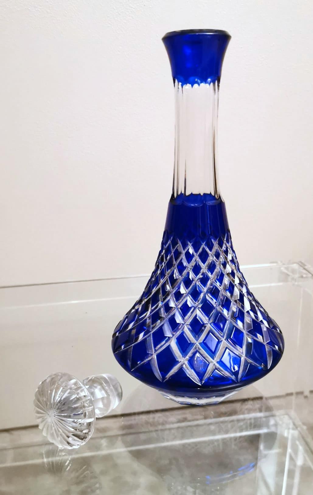 Hand-Crafted Art Deco Style French Decanter Bottle in Blue Cut Crystal