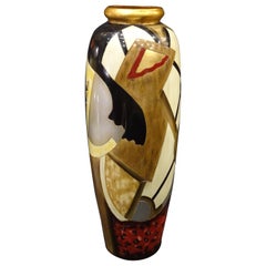 Art Deco Style French Large Red, Beige, Black, Gold Hand Painted Ceramic Vase