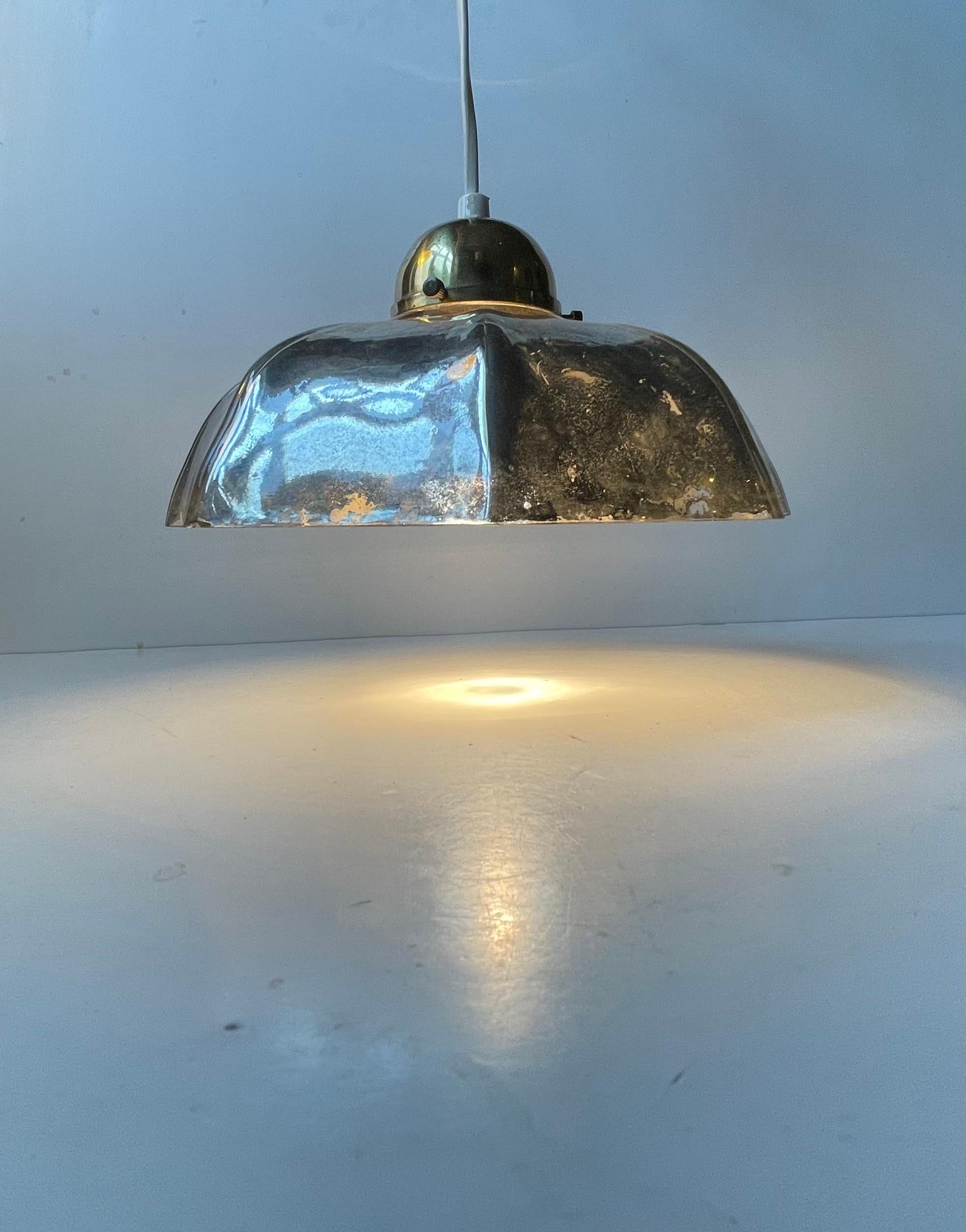 An old French silver washed octagonal glass shade set in a brass top/socket. While the shade originates from the 1920s or 30s the brass top is probably Scandinavian and from the 1960s or 70s. Suitable for your kitchen, small hallway or bedroom. It