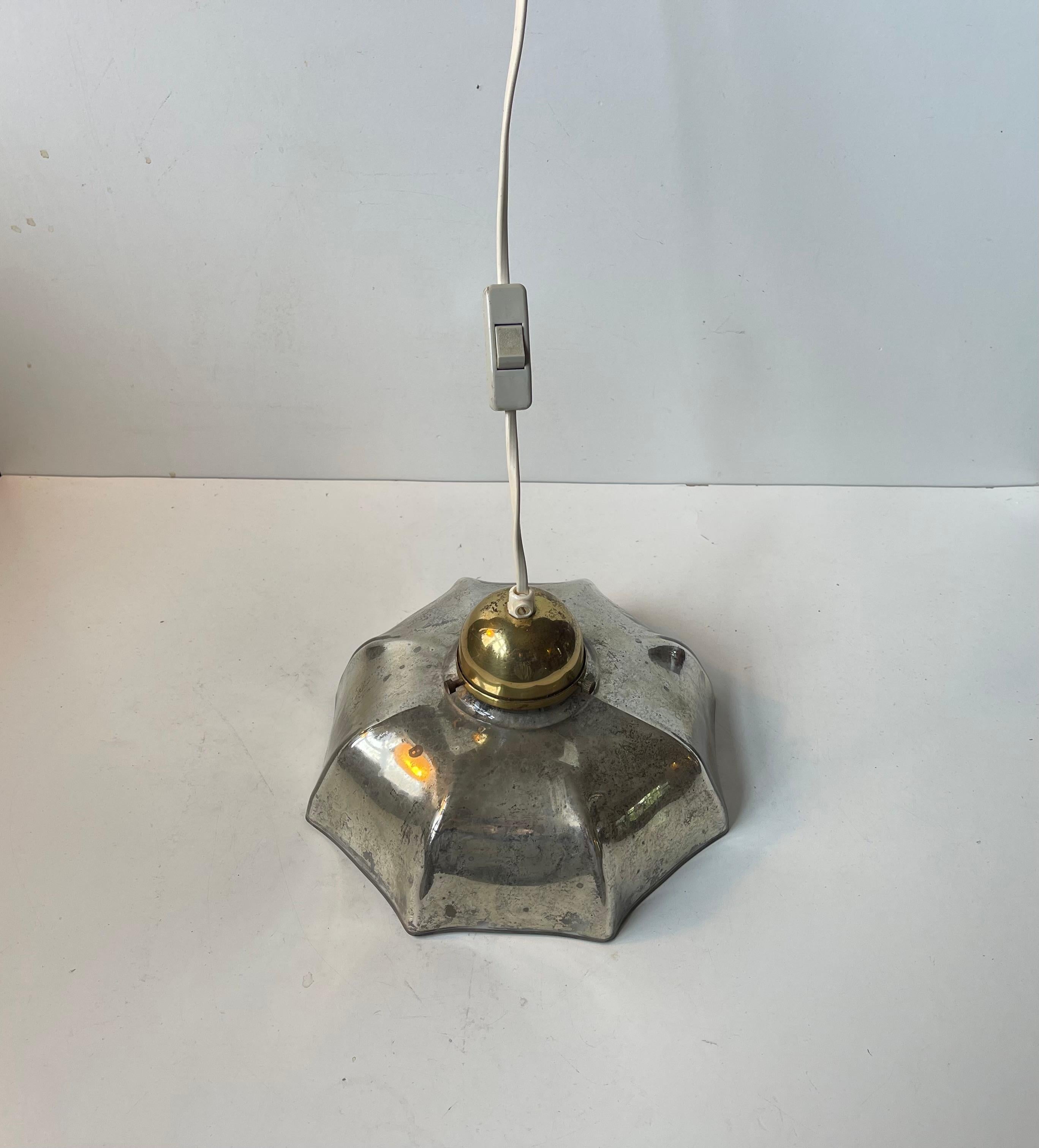 20th Century Art Deco style French Octagonal Silver Glass Pendant Lamp For Sale