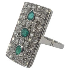 Art Deco Late Style French Ring  White Gold 18k Emerald and Diamond