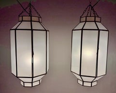 Art Deco Style Frosted White Milk Glass & Bronze Octagonal Pendant, a Pair