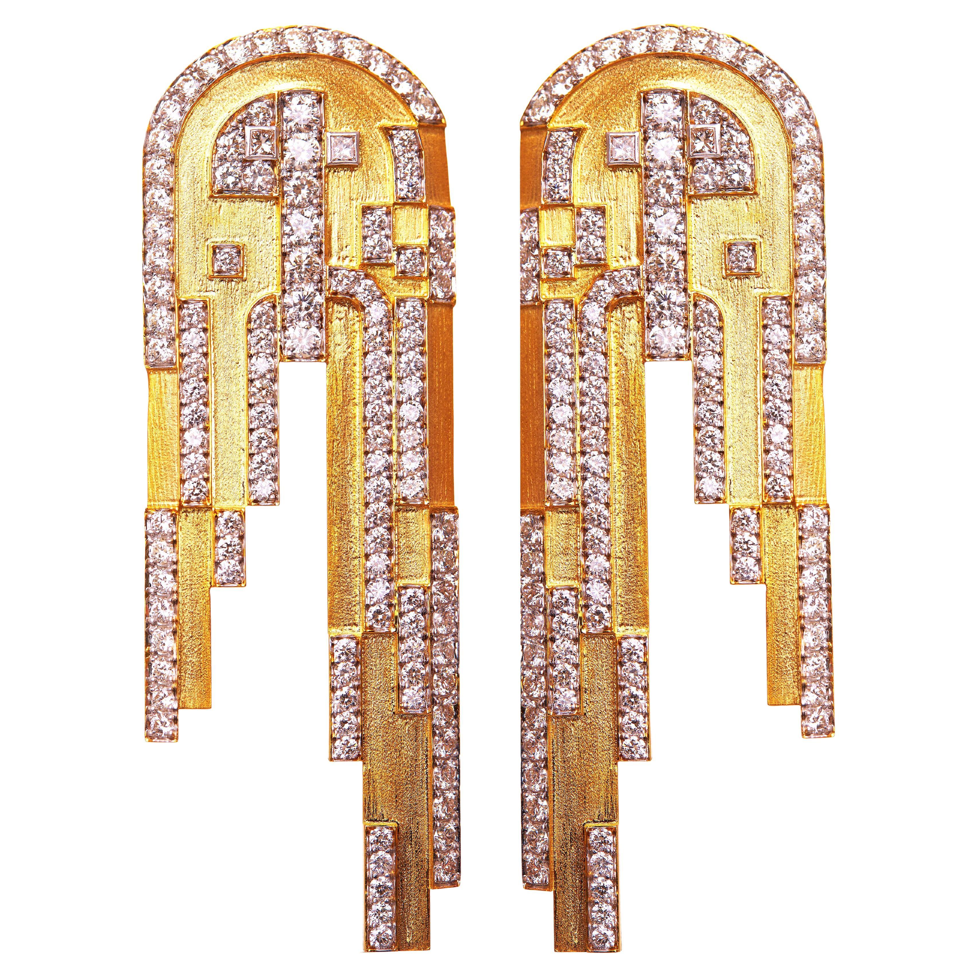 Frozen Waterfall-Ohrringe im Art-déco-Stil aus 18 Karat Gold und Diamanten im Angebot
