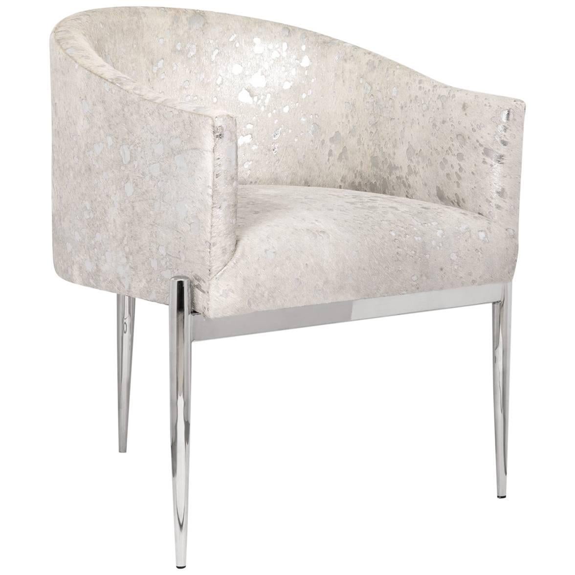 Art Deco Style Full Back Tight Fit Dining Chair Silver Speckled Cowhide Chrome For Sale