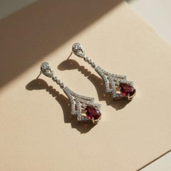 Art Deco Style Garnet and Colorless Topaz Drop Earrings silver, gold