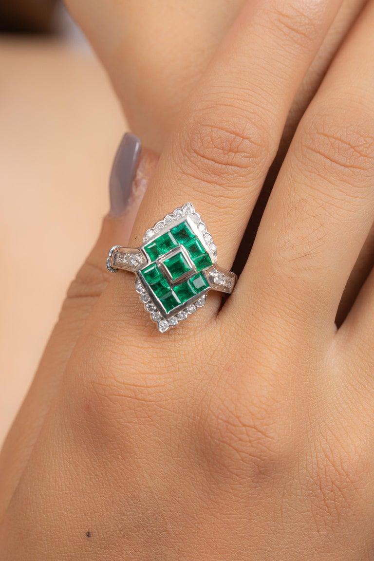 For Sale:  Genuine Emerald Diamond Cocktail Ring in 18k Solid White Gold 2