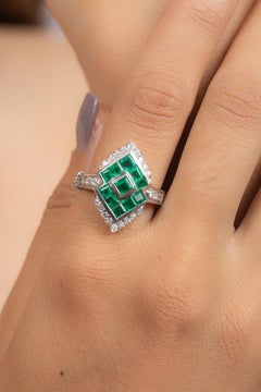 Genuine Emerald Diamond Cocktail Ring in 18k Solid White Gold