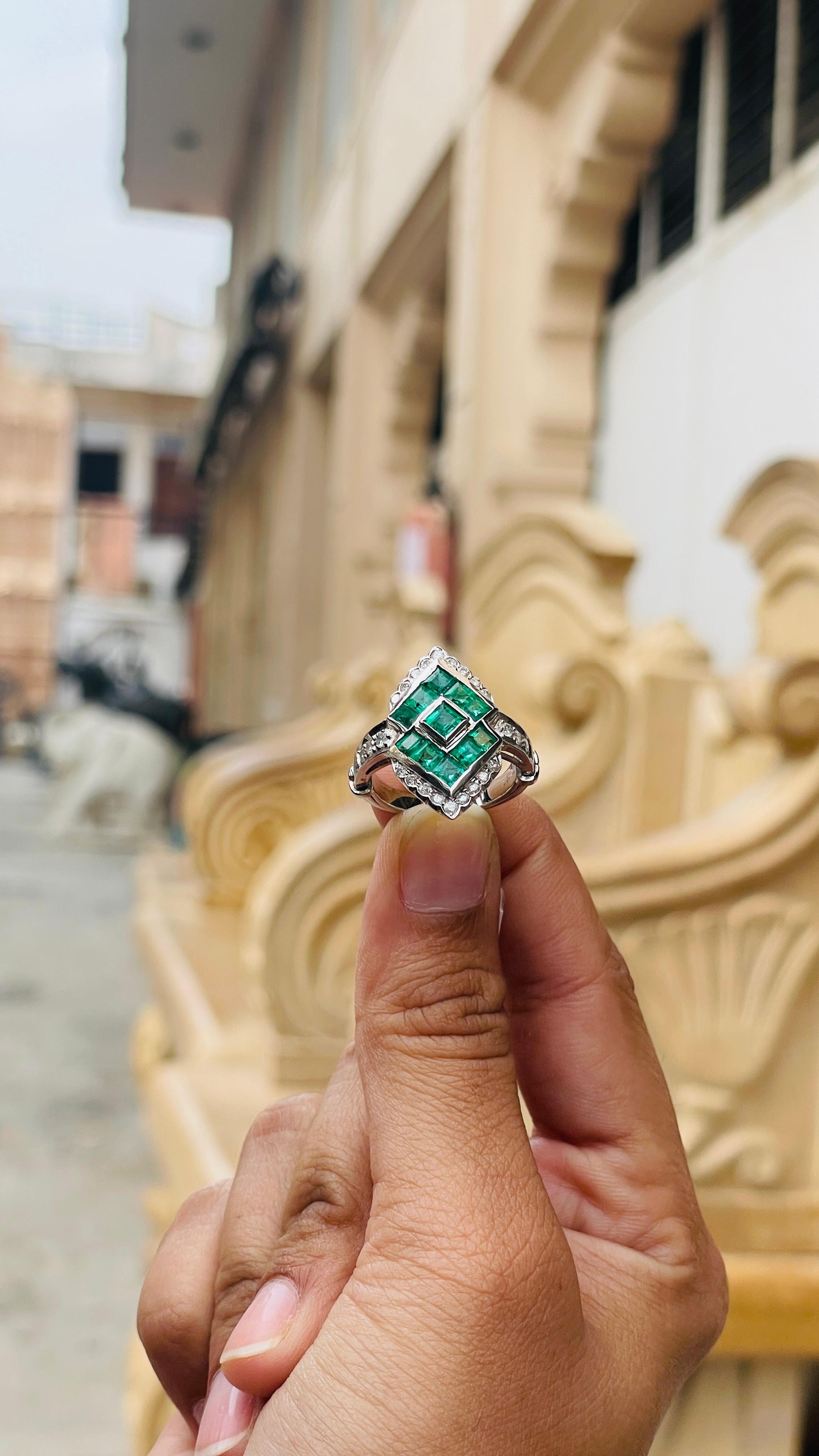 For Sale:  Genuine Emerald Diamond Cocktail Ring in 18k Solid White Gold 3