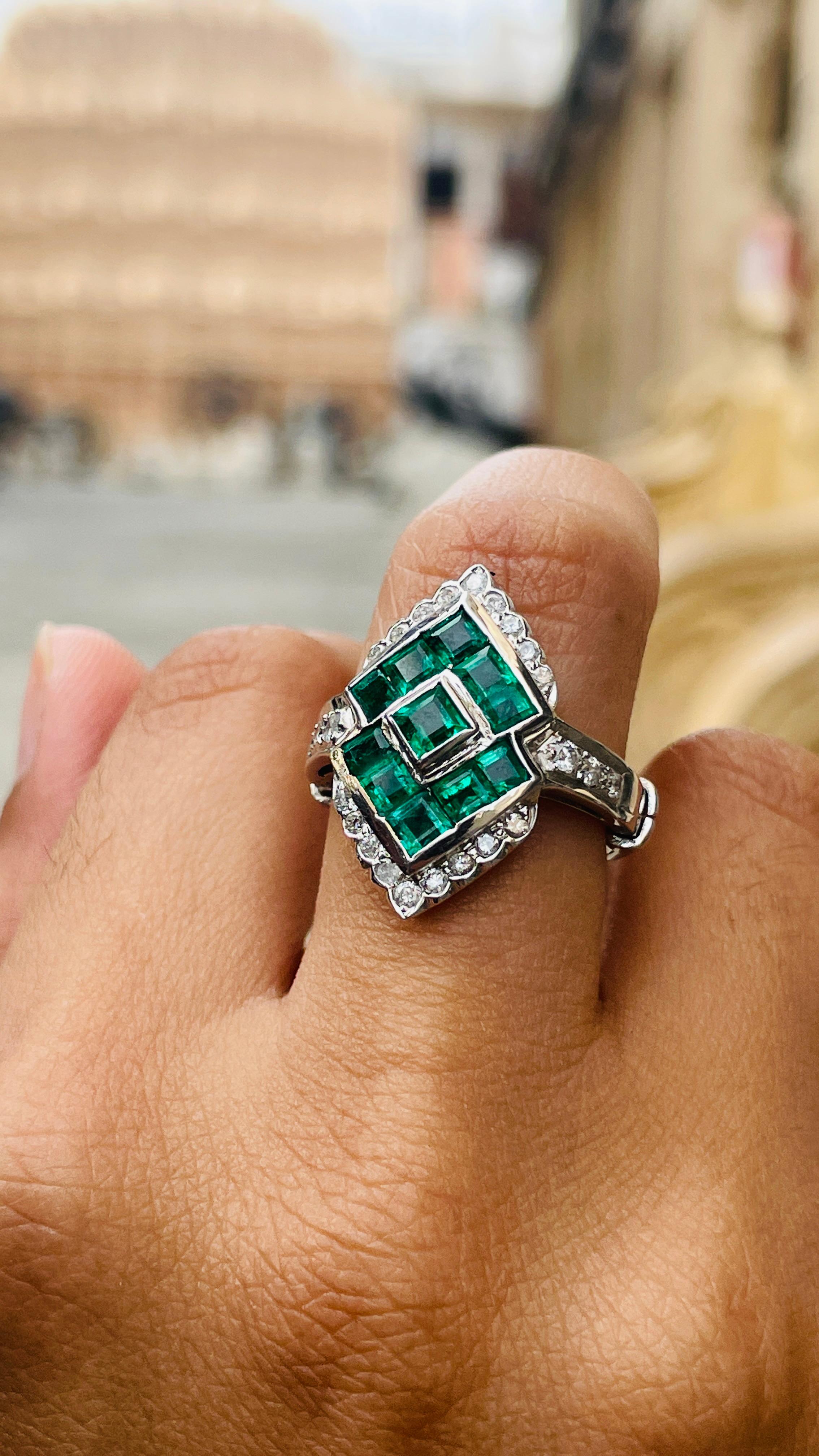 For Sale:  Genuine Emerald Diamond Cocktail Ring in 18k Solid White Gold 5