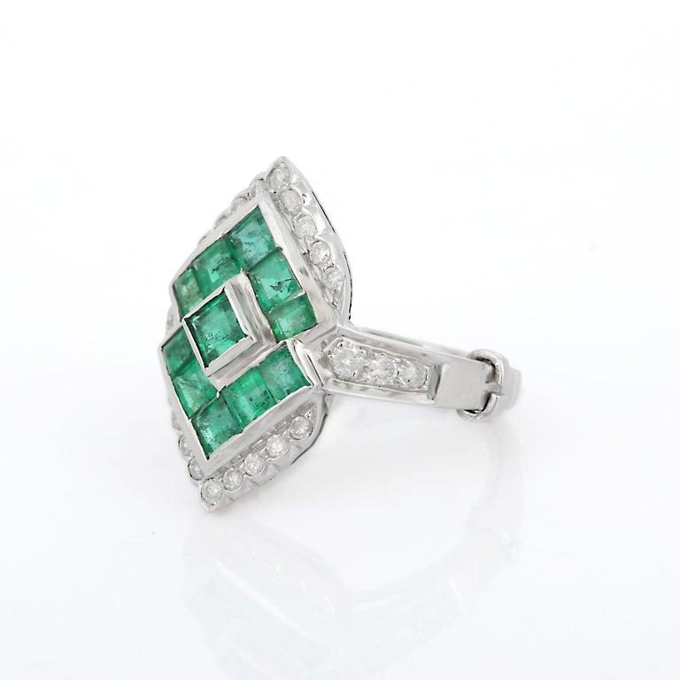 For Sale:  Genuine Emerald Diamond Cocktail Ring in 18k Solid White Gold 7