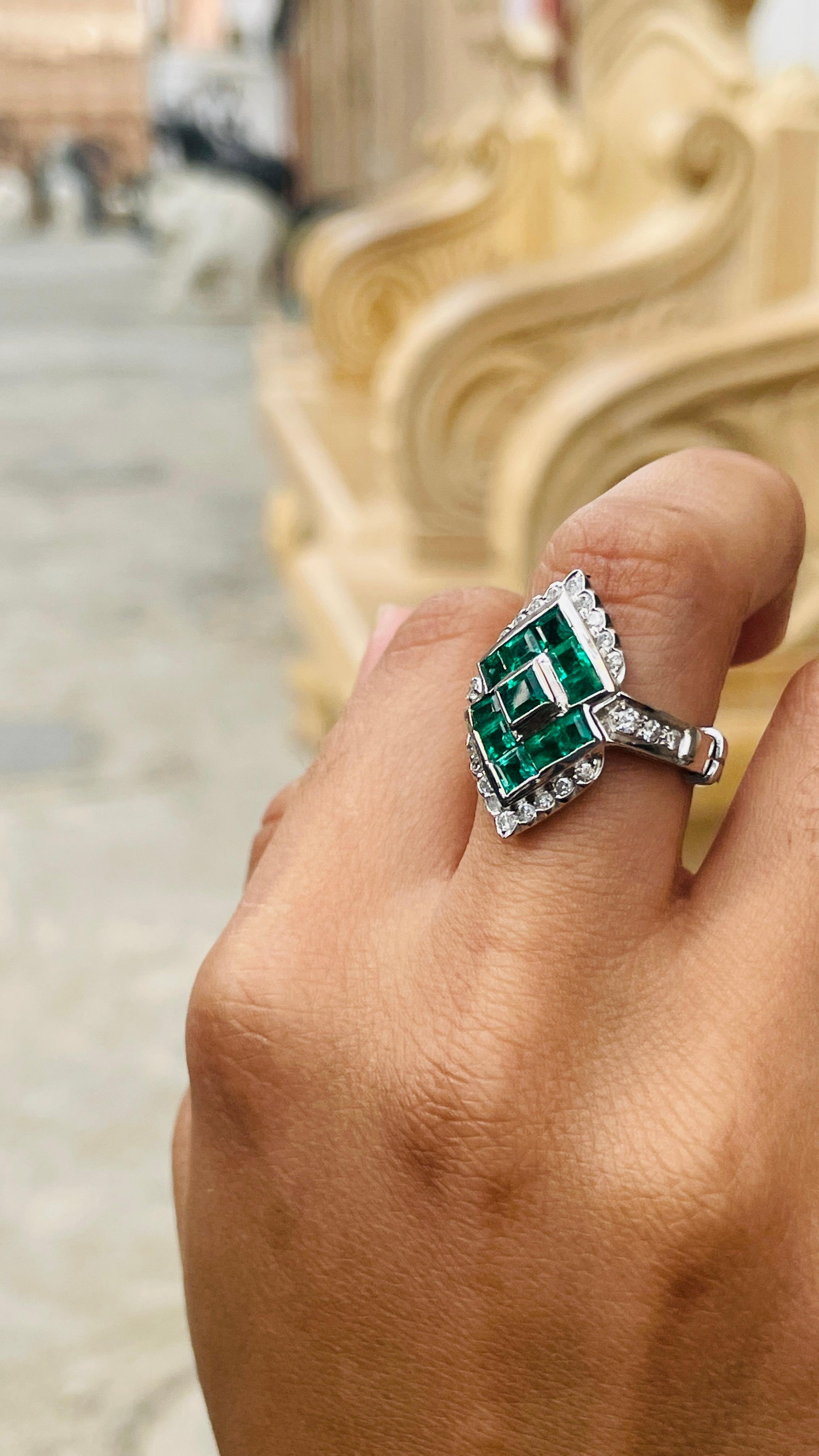 For Sale:  Genuine Emerald Diamond Cocktail Ring in 18k Solid White Gold 8