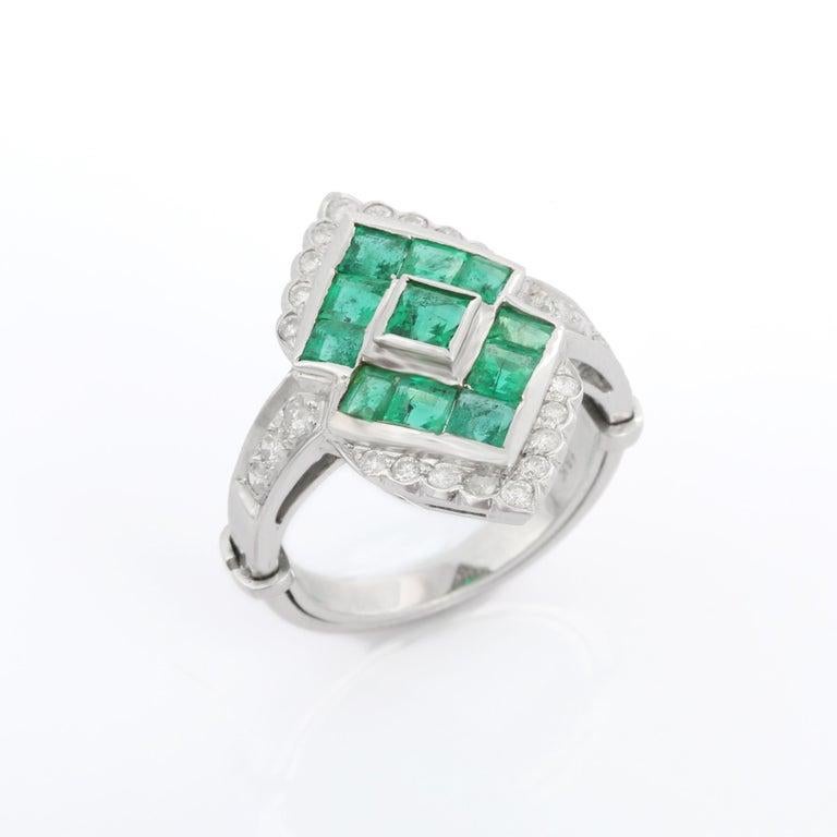 For Sale:  Genuine Emerald Diamond Cocktail Ring in 18k Solid White Gold 9