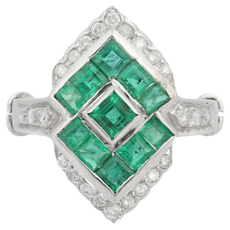Genuine Emerald Diamond Cocktail Ring in 18k Solid White Gold