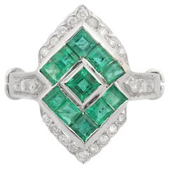 Genuine Emerald Diamond Cocktail Ring in 18k Solid White Gold