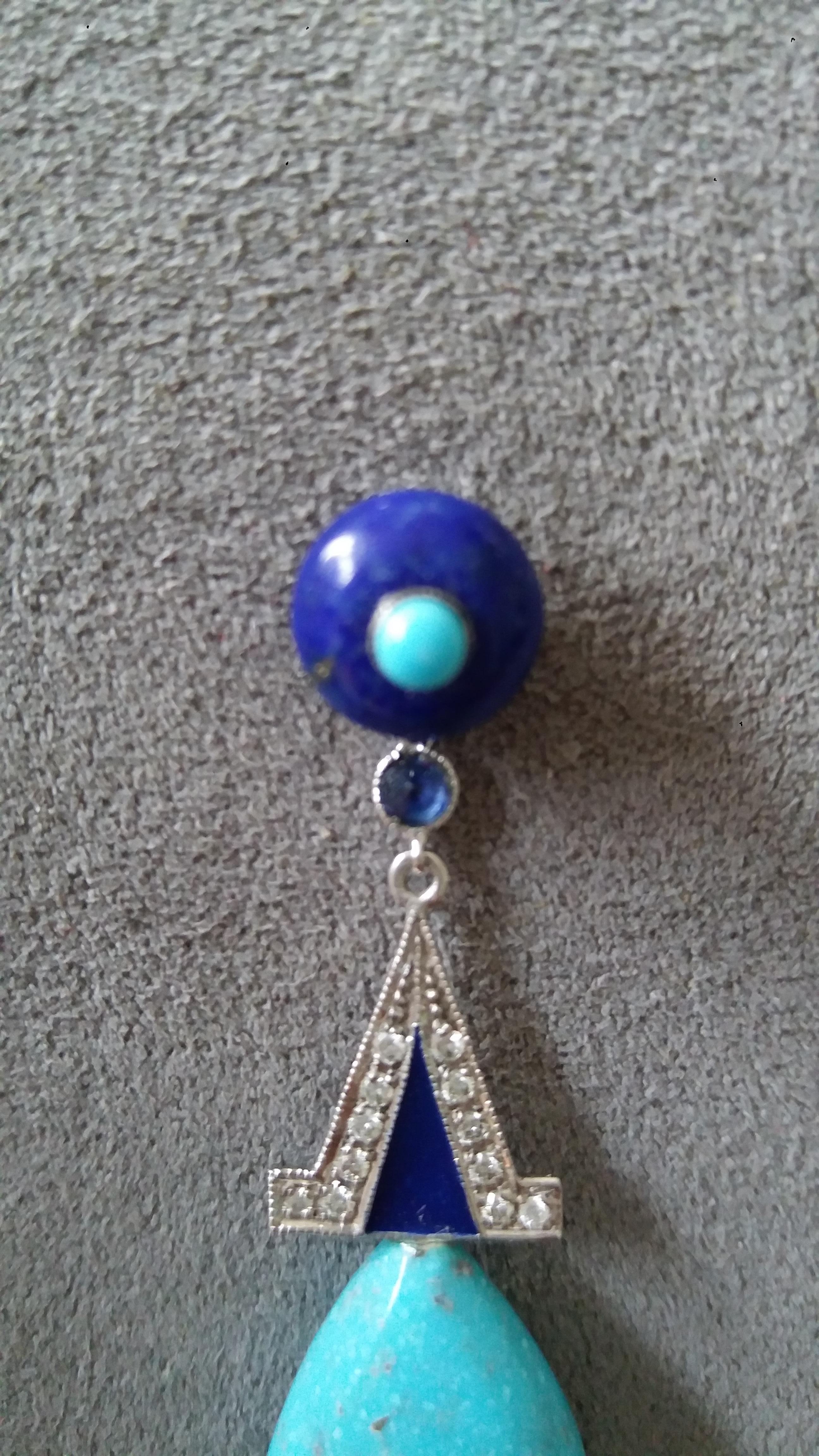 Mixed Cut Art Deco Style Genuine Turquoise Lapis Lazuli Gold Diamonds Enamel Drop Earrings For Sale