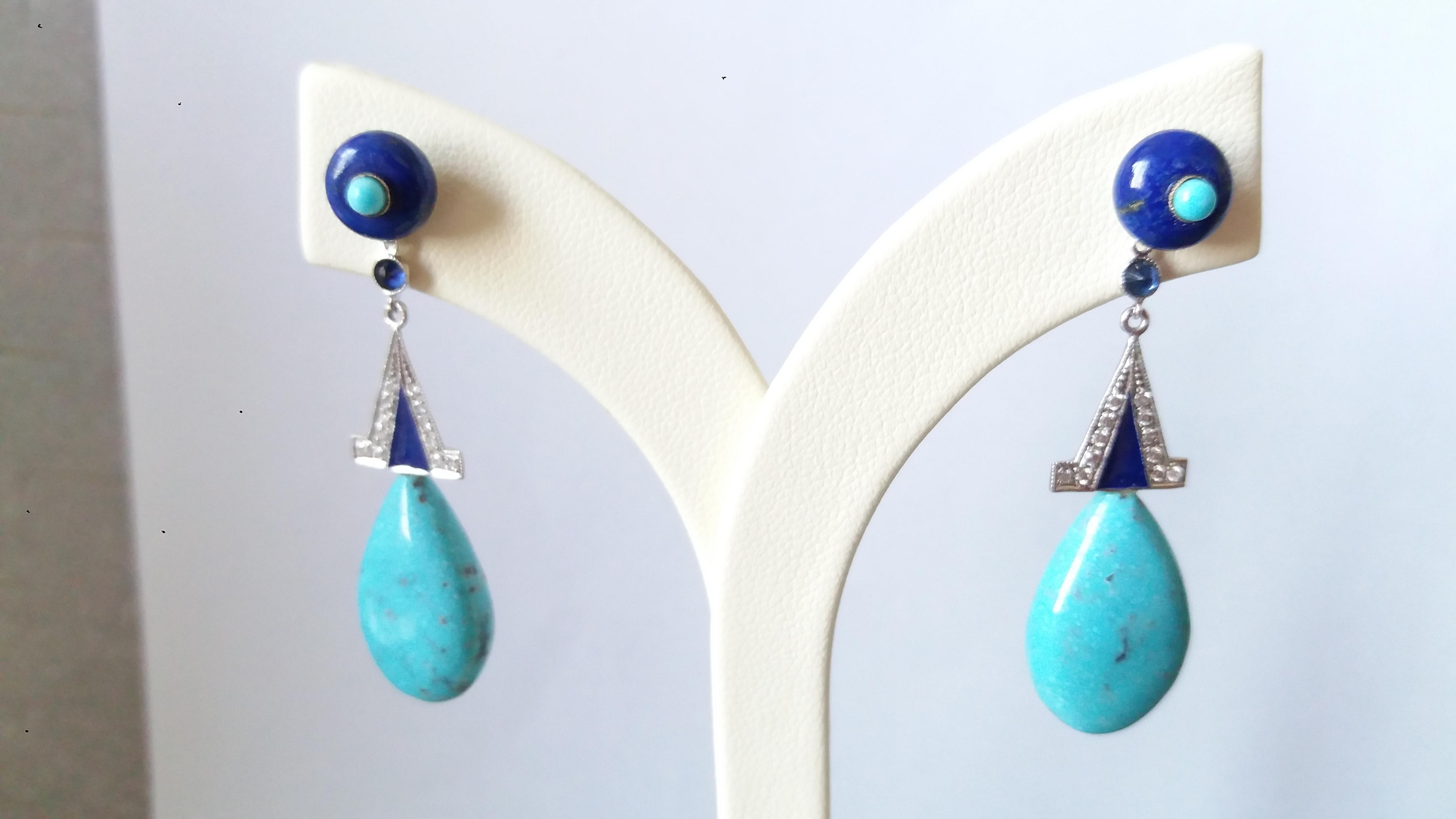 Art Deco Style Genuine Turquoise Lapis Lazuli Gold Diamonds Enamel Drop Earrings In Good Condition For Sale In Bangkok, TH