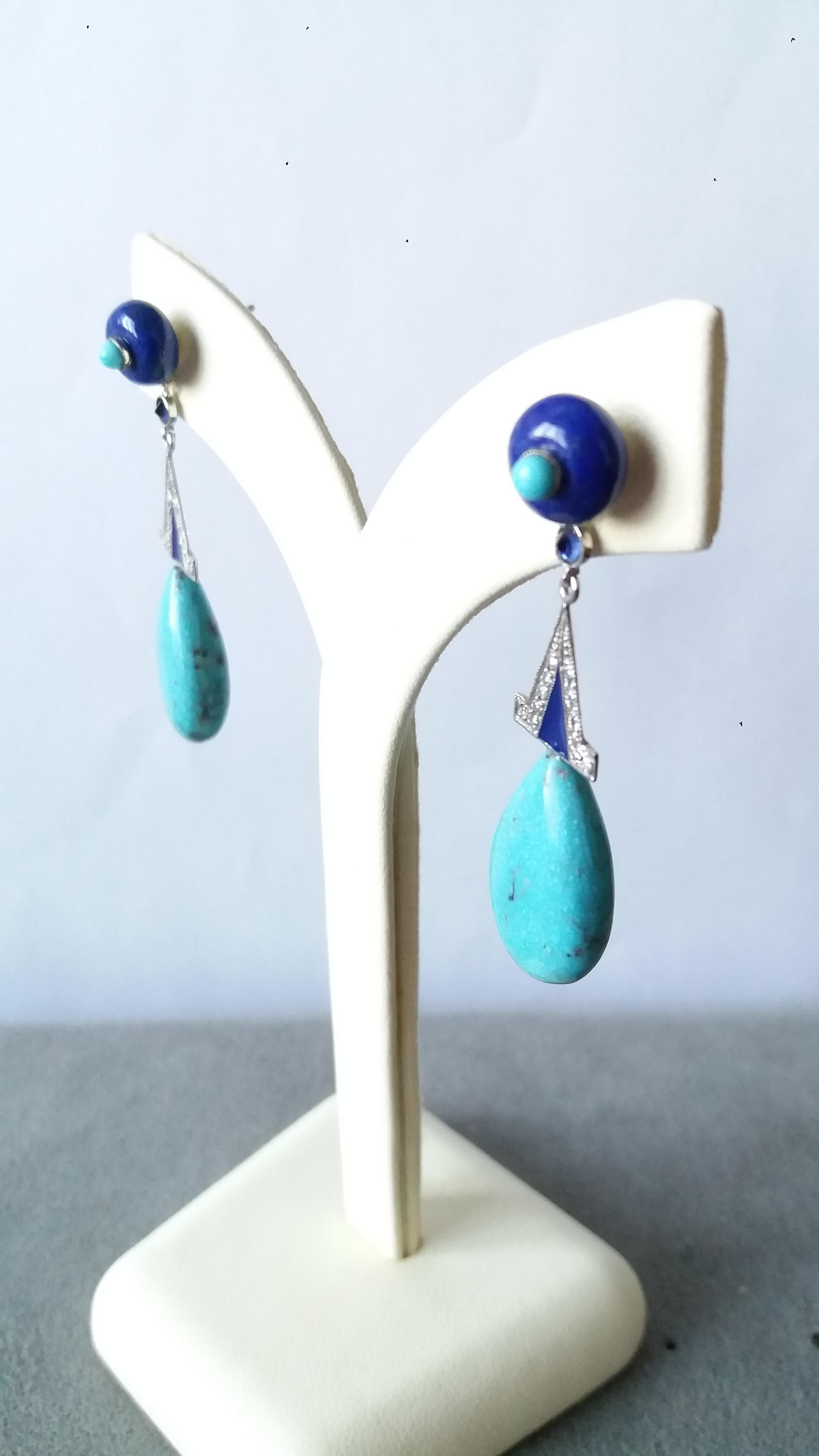 Women's Art Deco Style Genuine Turquoise Lapis Lazuli Gold Diamonds Enamel Drop Earrings For Sale