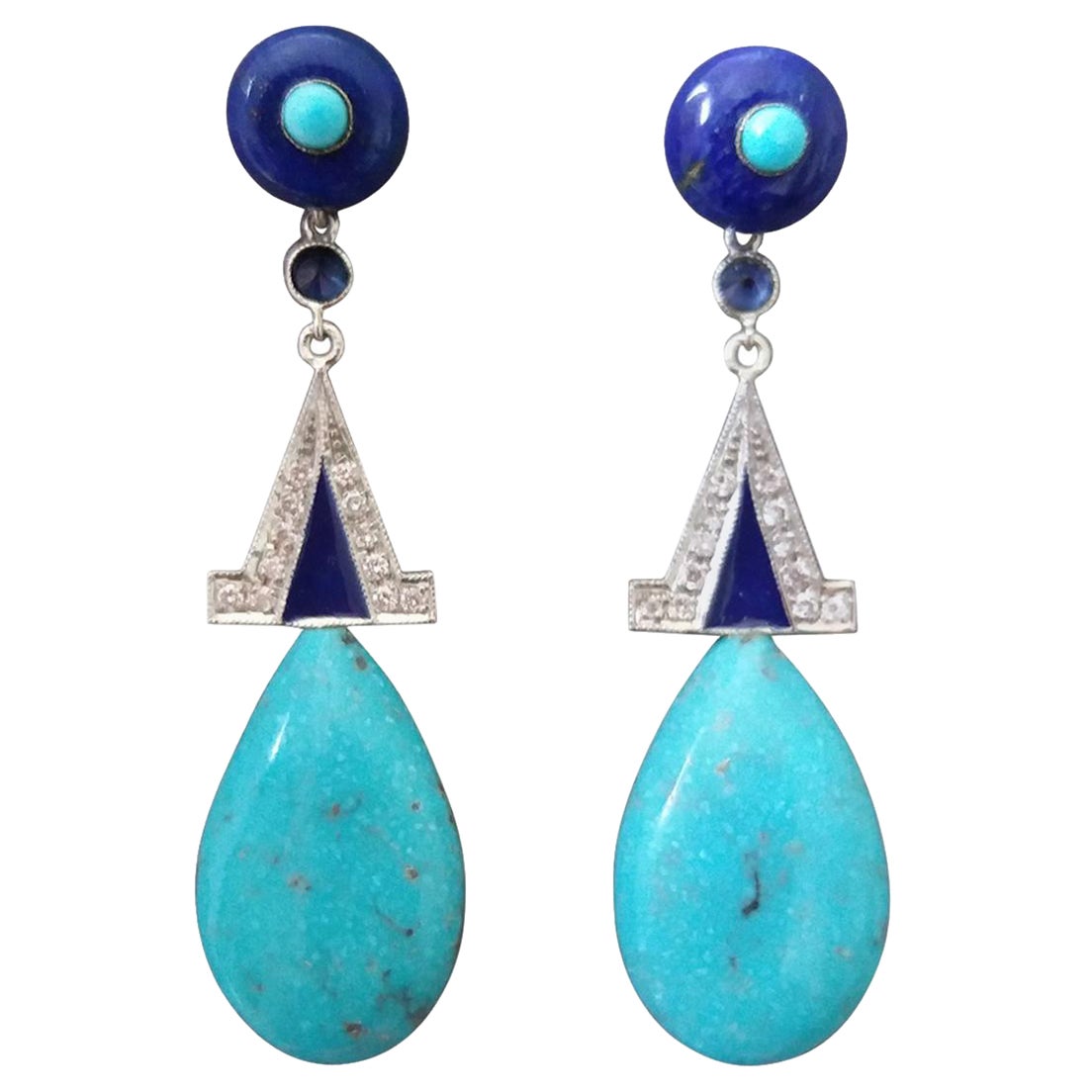 Orecchini a goccia in stile Art Deco in vero turchese lapislazzuli, oro, diamanti e smalto