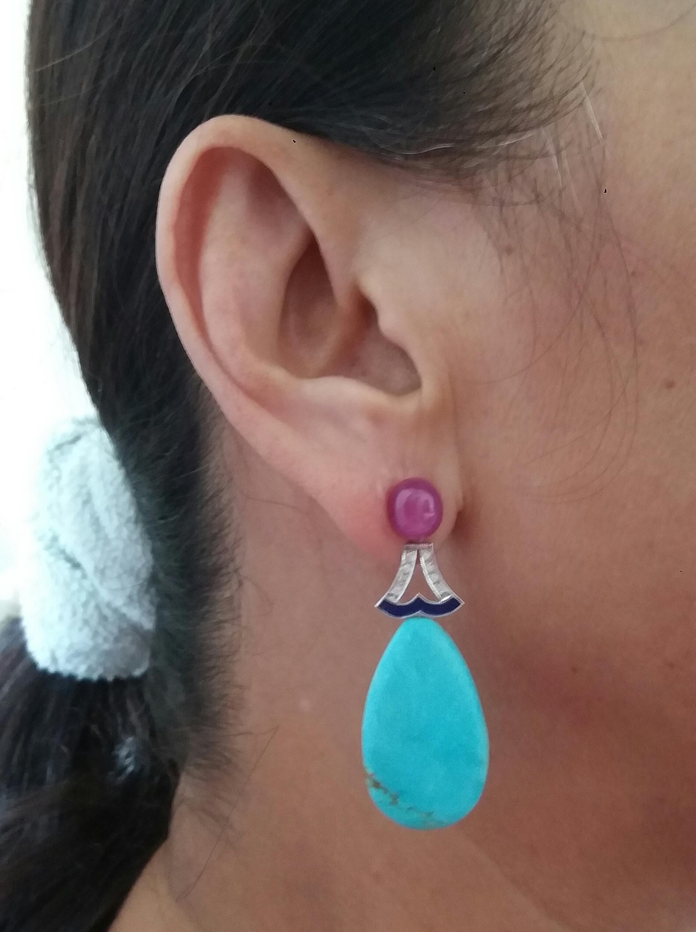 Pendientes Gota Esmaltados Oro Blanco Rubíes Turquesa Genuina Estilo Art Decó Diamantes en venta 5