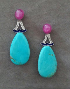 Pendientes Gota Esmaltados Oro Blanco Rubíes Turquesa Genuina Estilo Art Decó Diamantes
