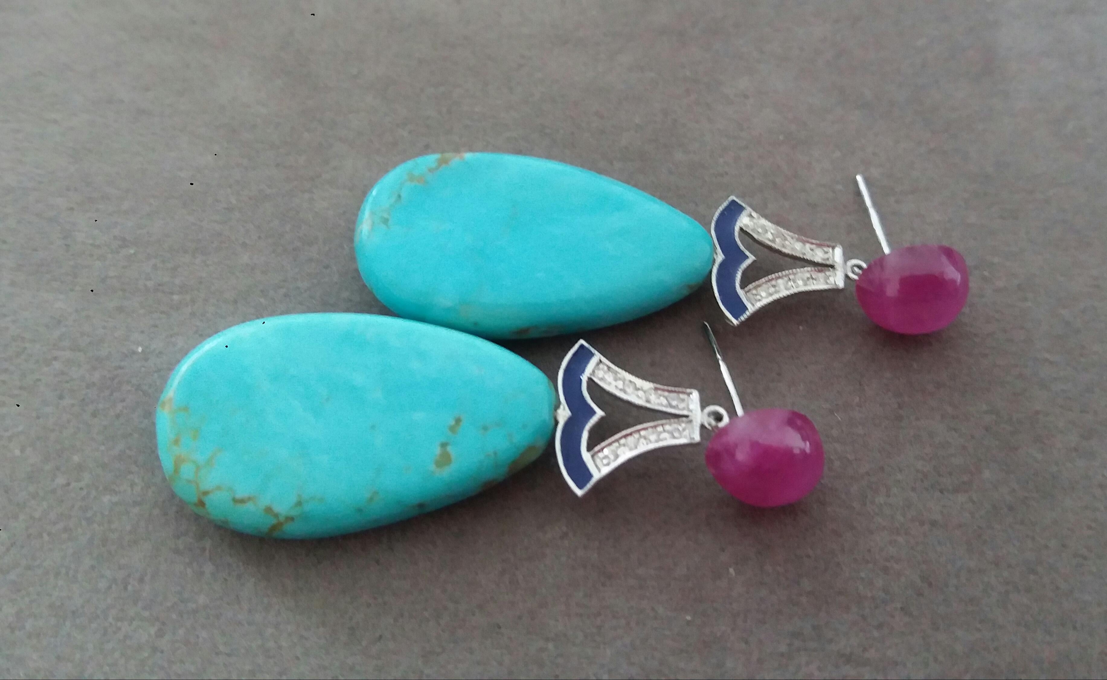 Pendientes Gota Esmaltados Oro Blanco Rubíes Turquesa Genuina Estilo Art Decó Diamantes en Bueno estado para la venta en Bangkok, TH