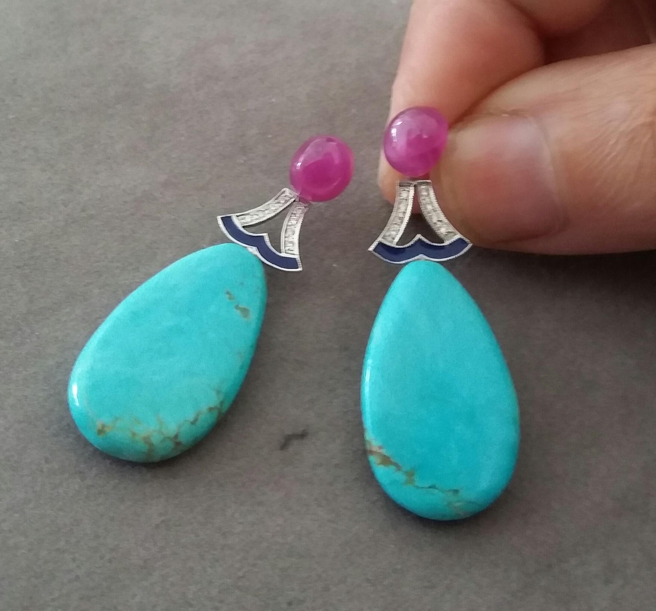 De las mujeres Pendientes Gota Esmaltados Oro Blanco Rubíes Turquesa Genuina Estilo Art Decó Diamantes en venta