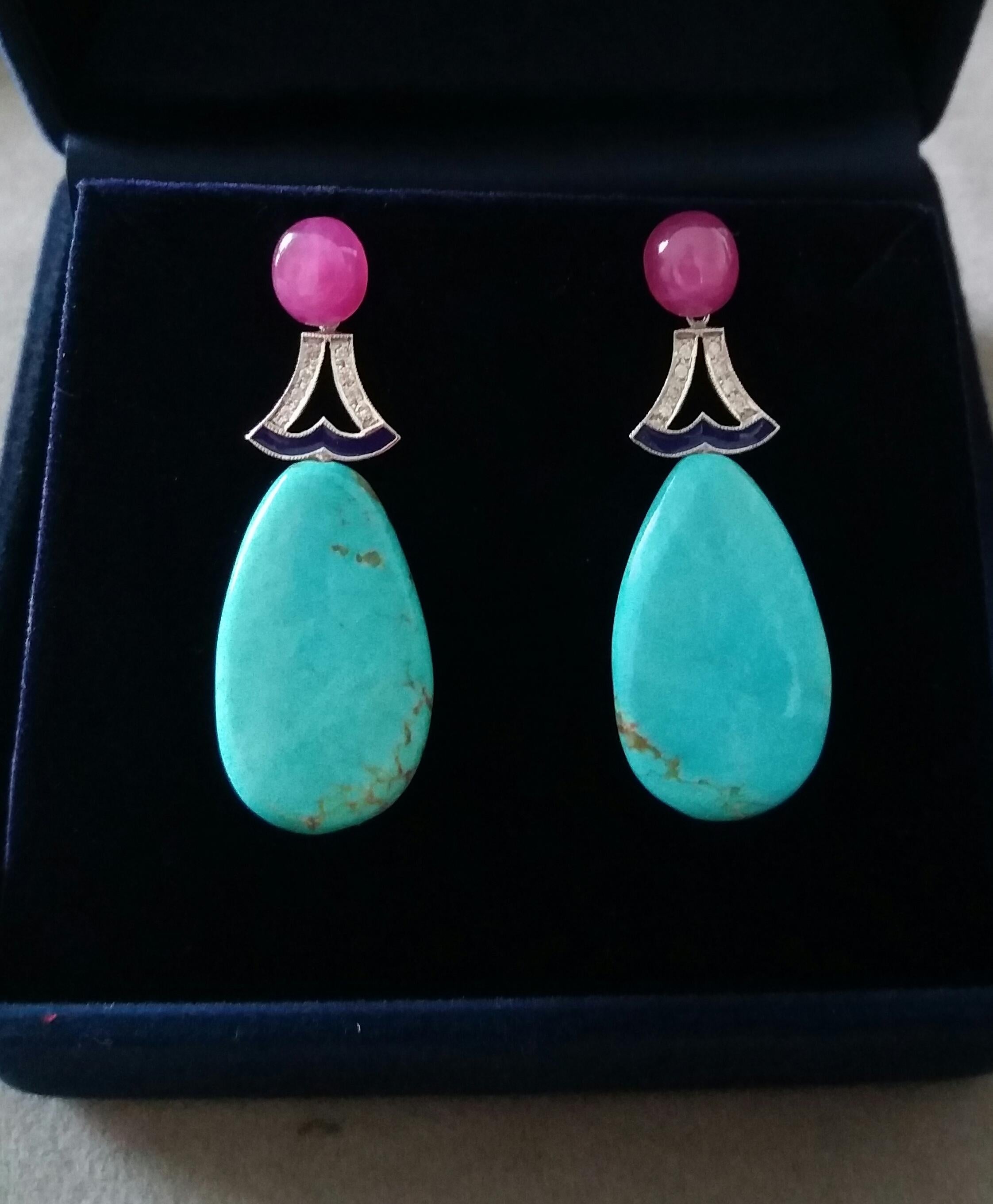 Art Deco Style Genuine Turquoise Rubies White Gold Diamonds Enamel Drop Earrings In Good Condition For Sale In Bangkok, TH