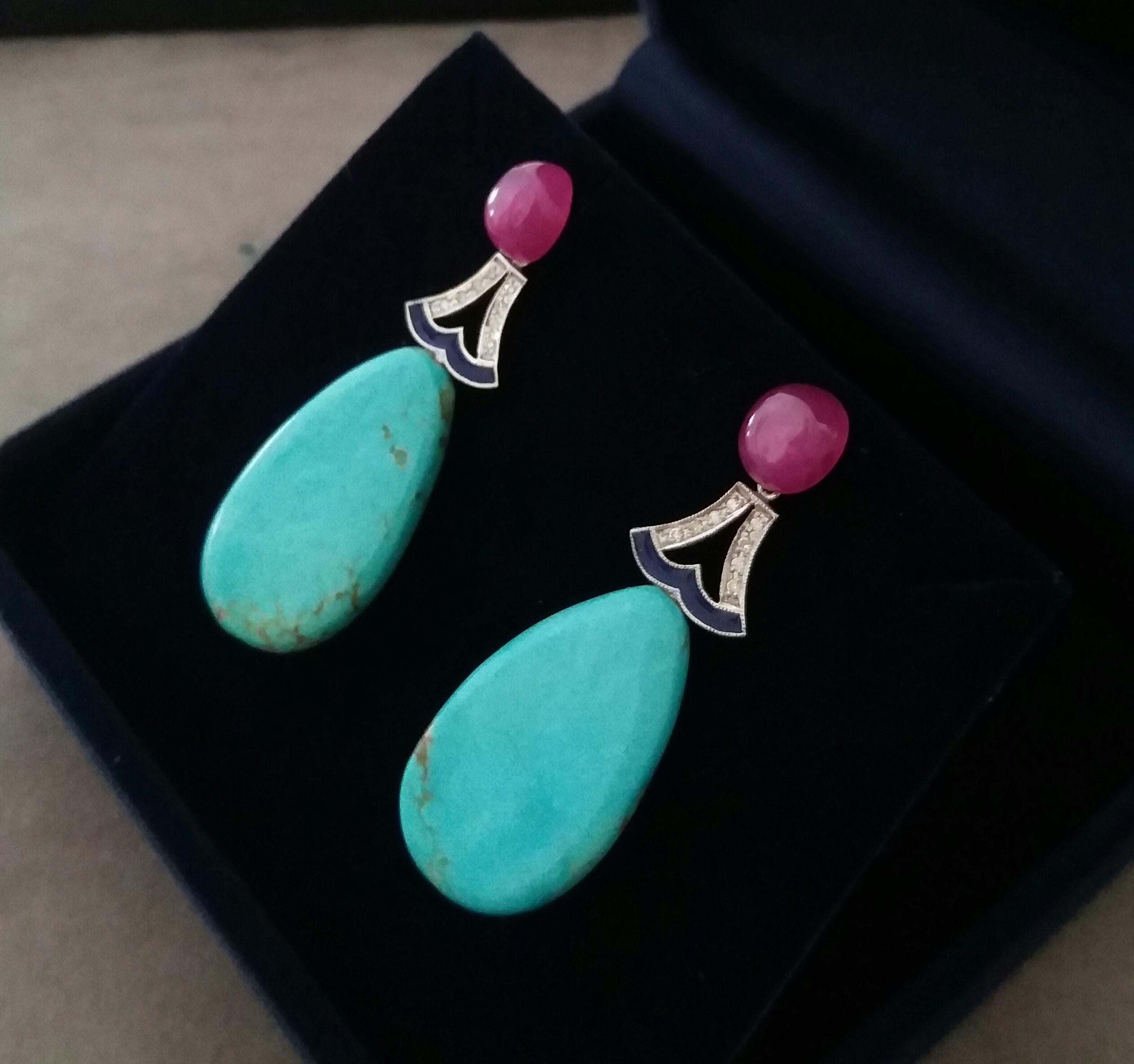 Women's Art Deco Style Genuine Turquoise Rubies White Gold Diamonds Enamel Drop Earrings For Sale