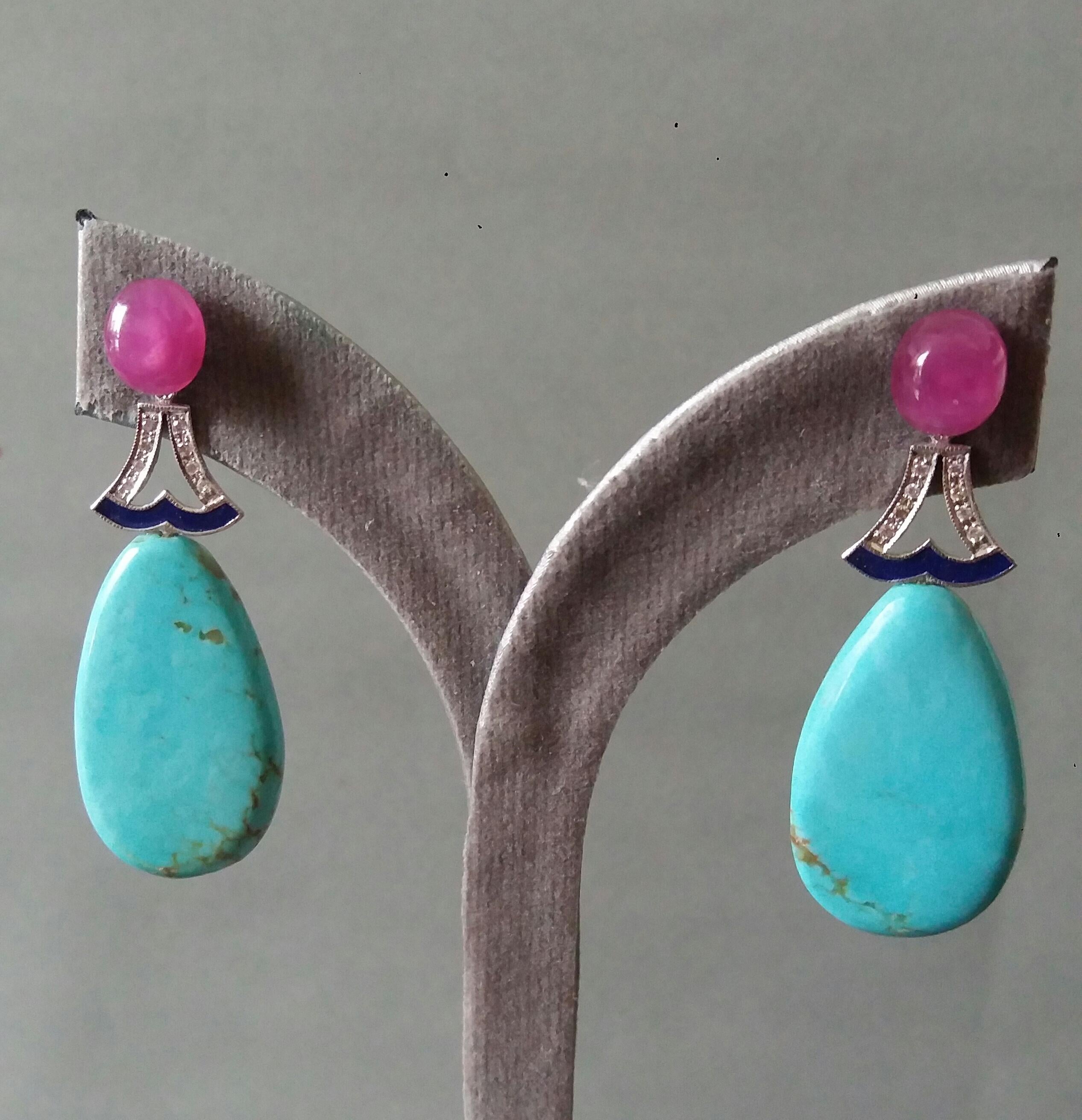 Pendientes Gota Esmaltados Oro Blanco Rubíes Turquesa Genuina Estilo Art Decó Diamantes en venta 3