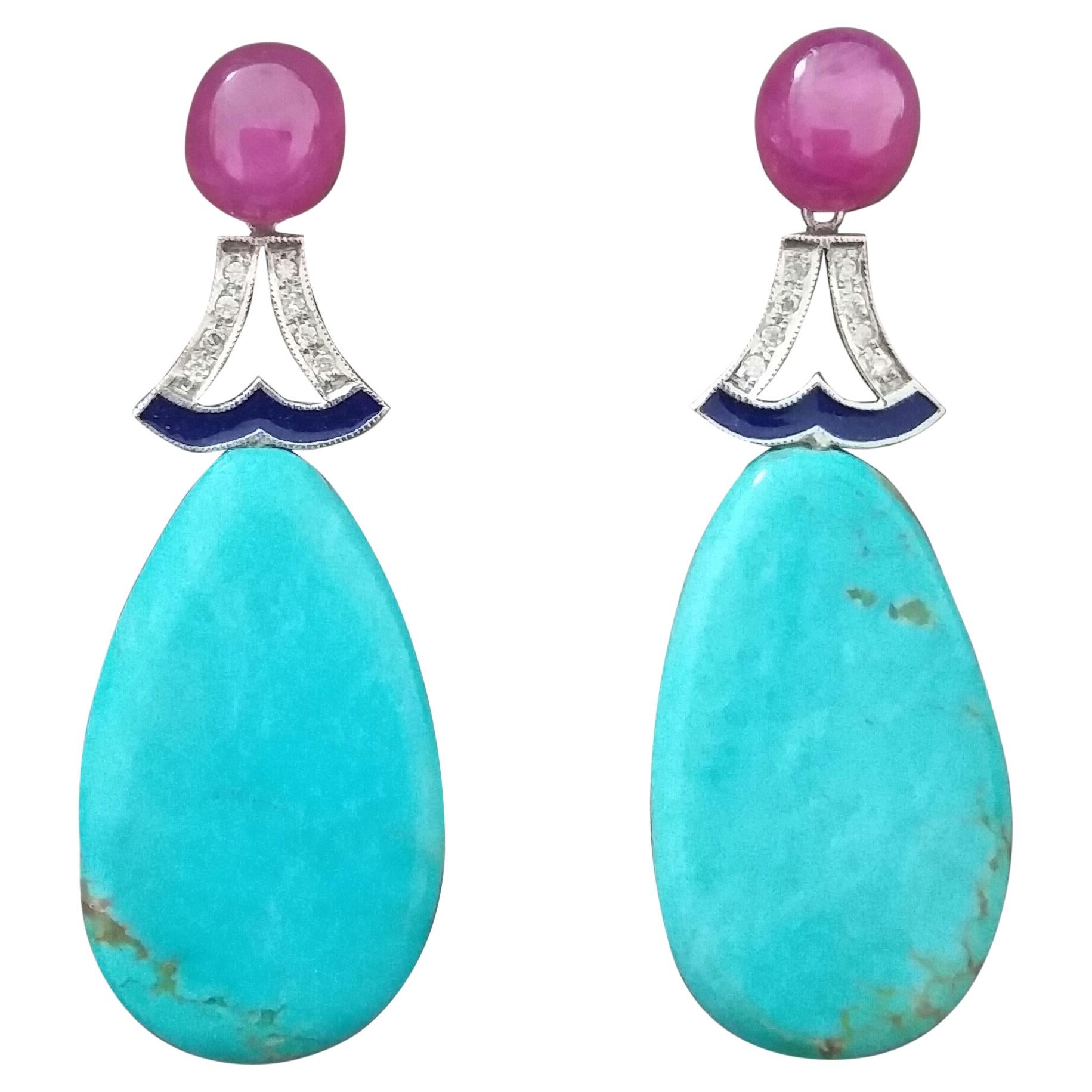 Pendientes Gota Esmaltados Oro Blanco Rubíes Turquesa Genuina Estilo Art Decó Diamantes en venta