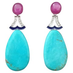 Pendientes Gota Esmaltados Oro Blanco Rubíes Turquesa Genuina Estilo Art Decó Diamantes