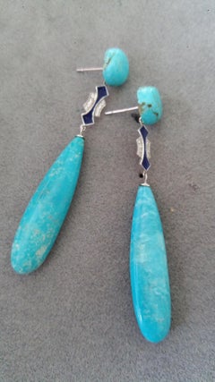 Art Deco Style Genuine Turquoise White Gold Diamonds Blue Enamel Drop Earrings