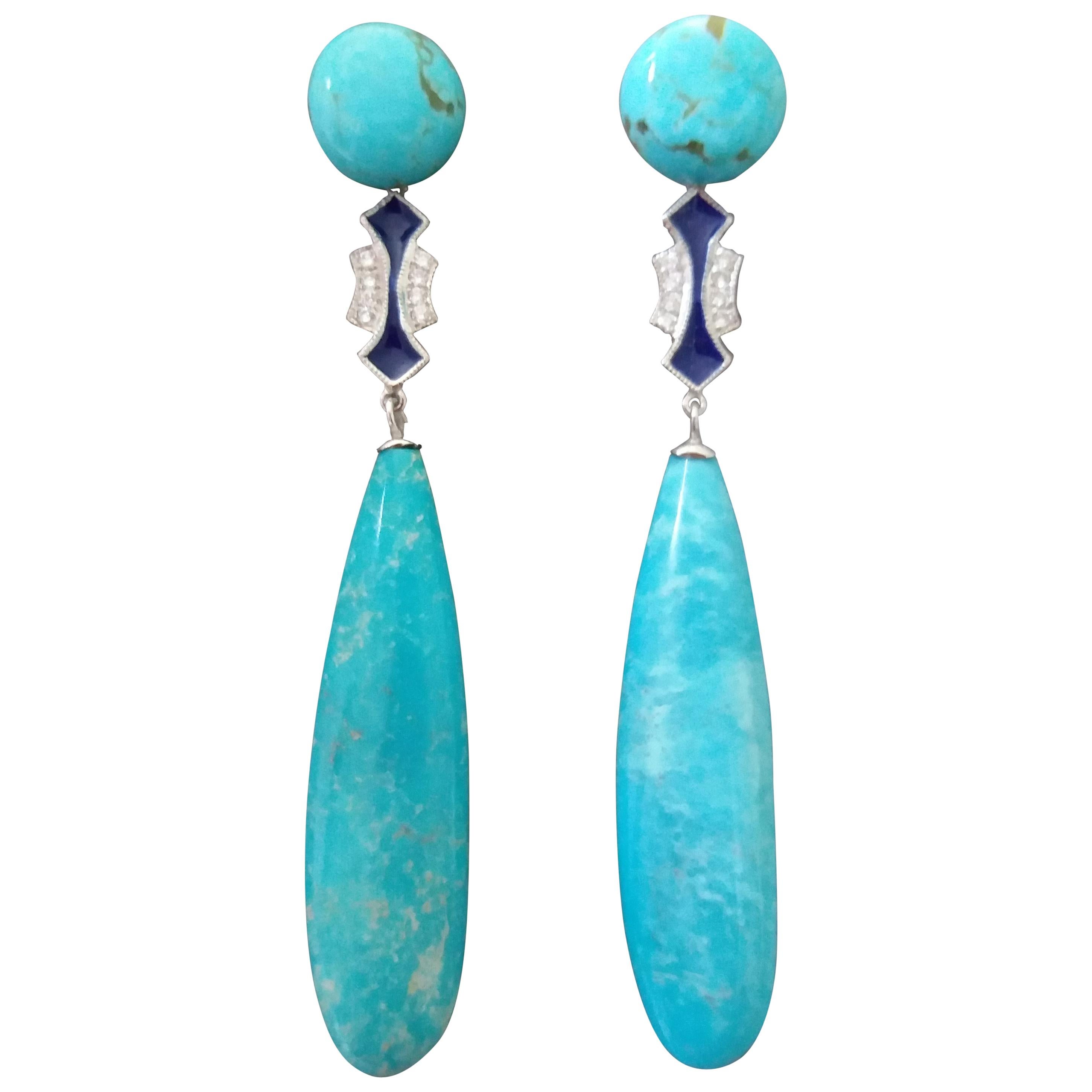 Art Deco Style Genuine Turquoise White Gold Diamonds Blue Enamel Drop Earrings For Sale
