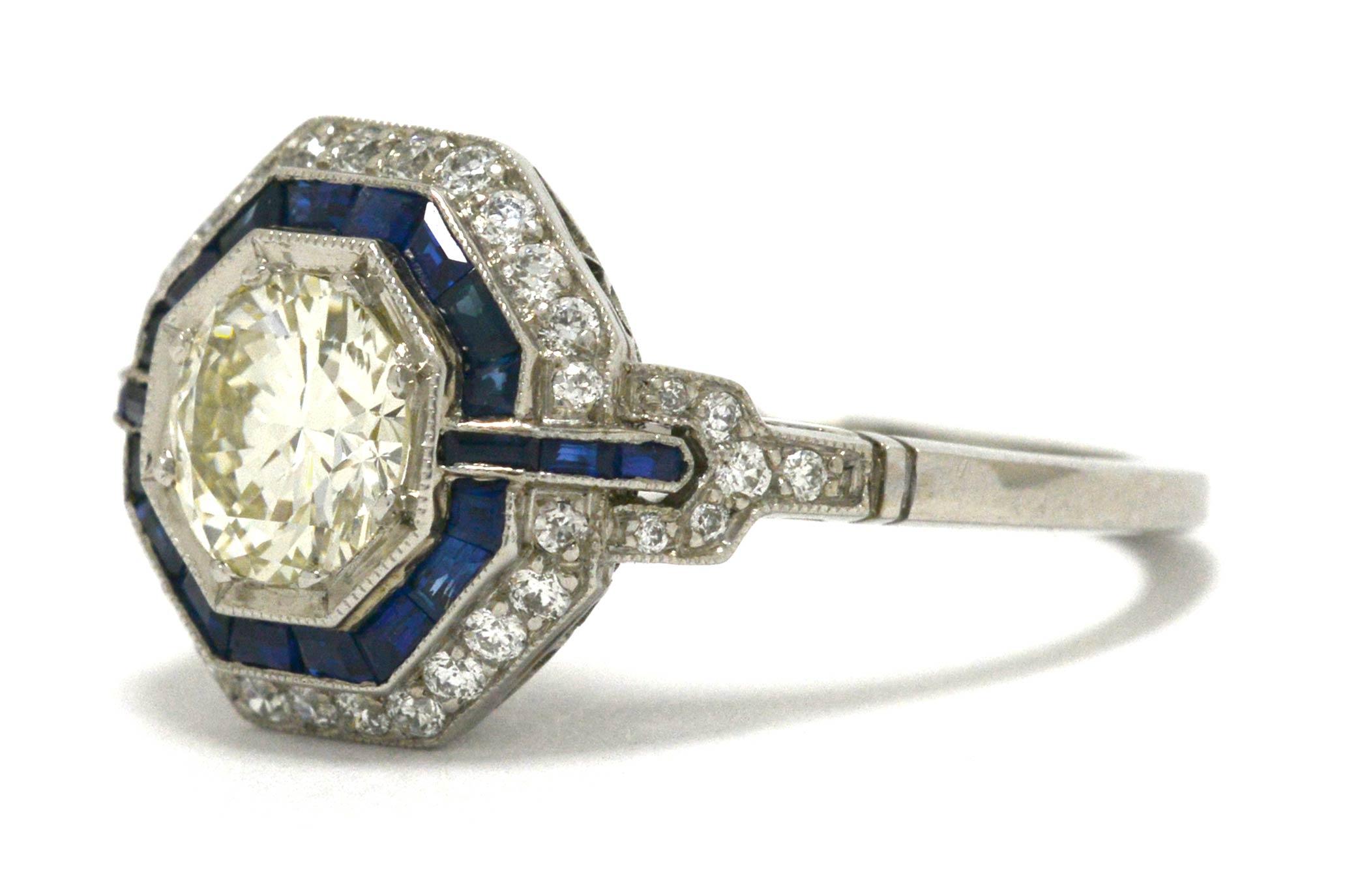 Round Cut Art Deco Style Geometric Diamond Blue Sapphire Gem Halo Platinum Statement Ring