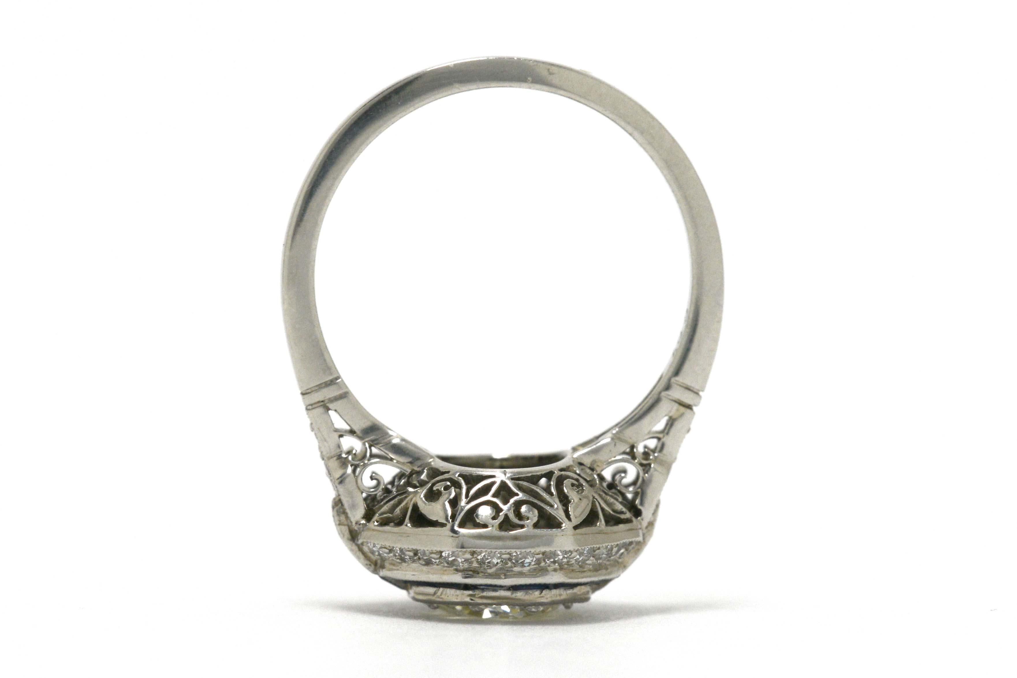 Art Deco Style Geometric Diamond Blue Sapphire Gem Halo Platinum Statement Ring In Good Condition In Santa Barbara, CA