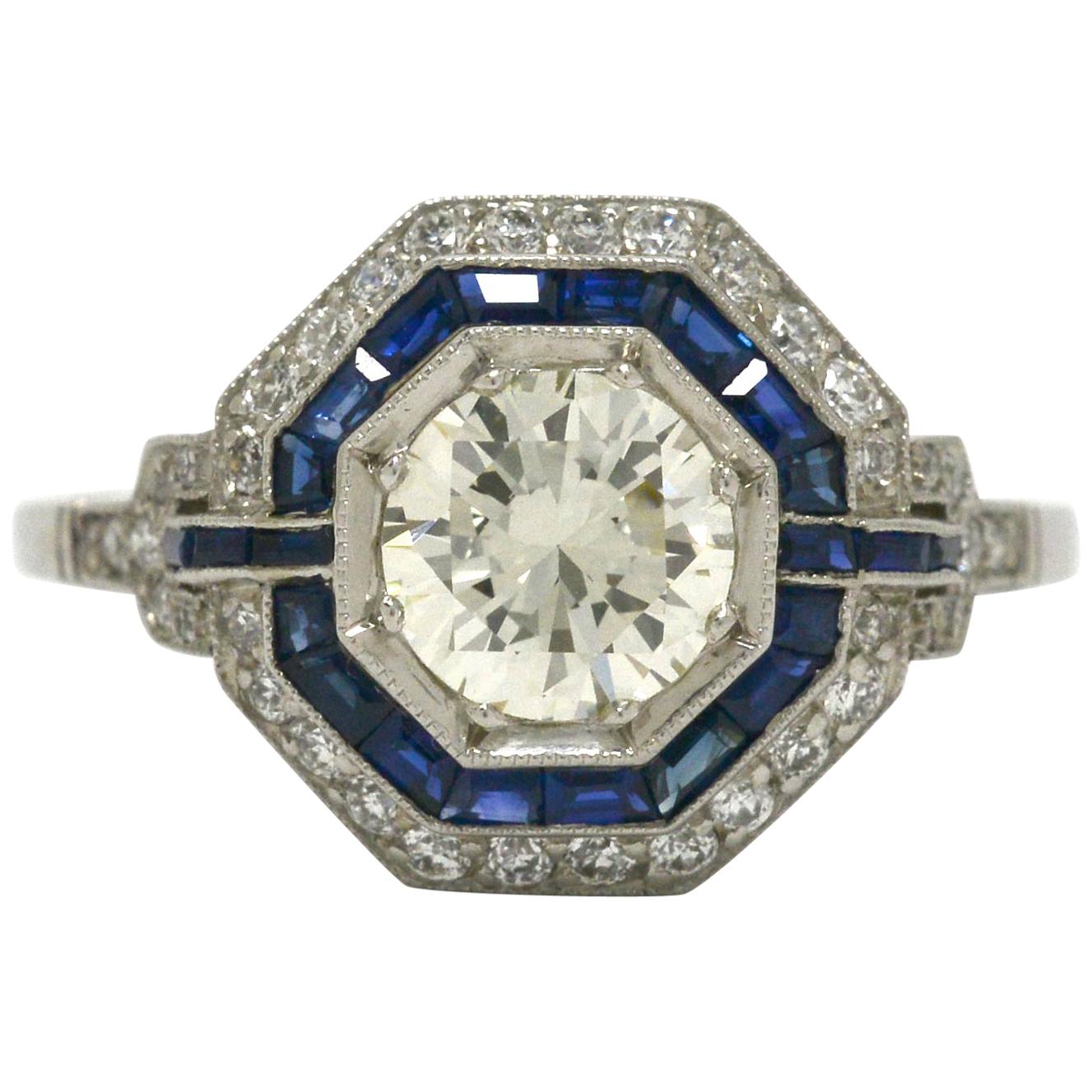 Art Deco Style Geometric Diamond Blue Sapphire Gem Halo Platinum Statement Ring