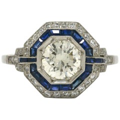 Vintage Art Deco Style Geometric Diamond Blue Sapphire Gem Halo Platinum Statement Ring