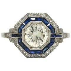 Art Deco Style Geometric Diamond Blue Sapphire Gem Halo Platinum Statement Ring