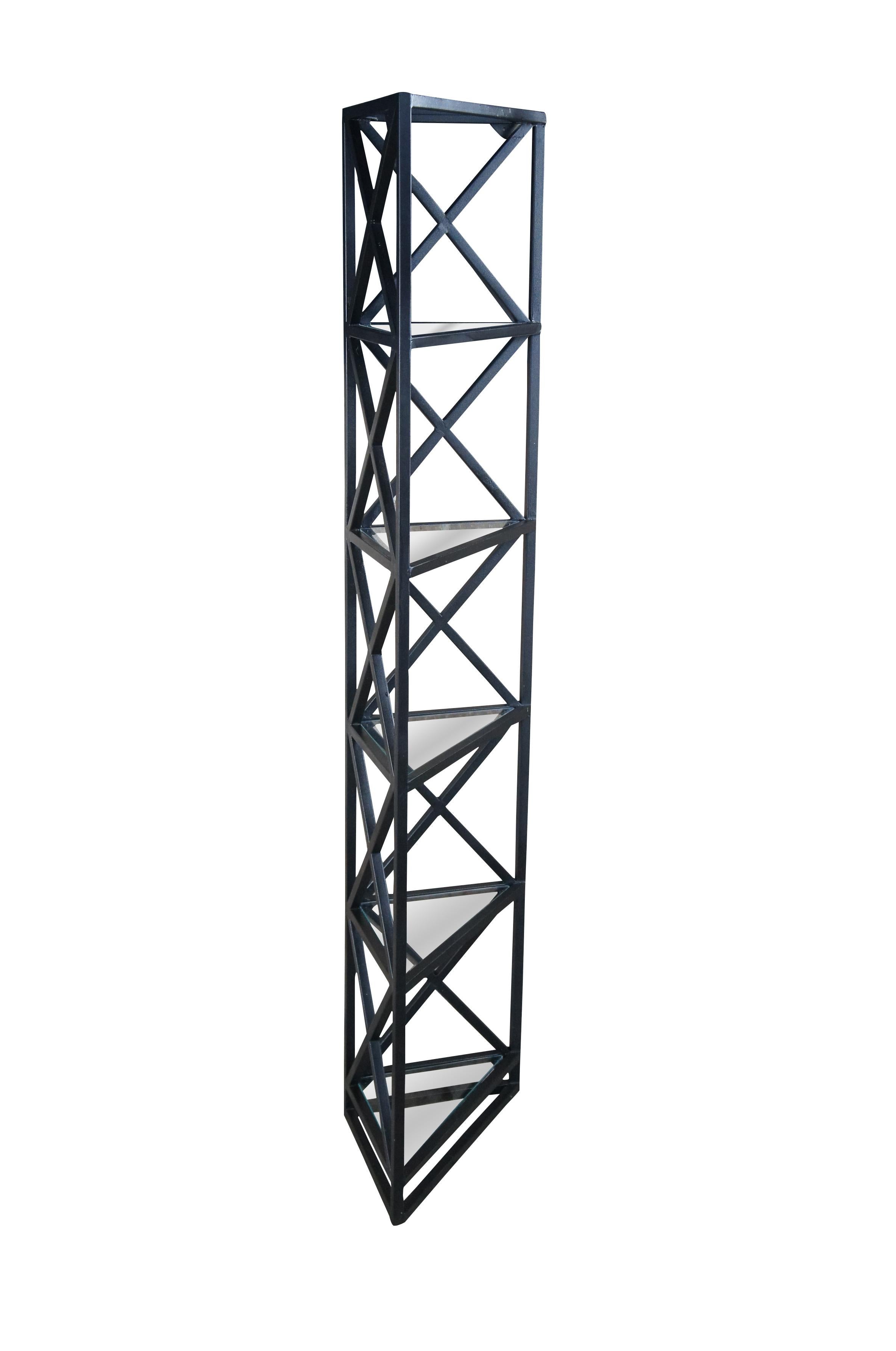 Modern Art Deco Style Geometric Metal & Glass Triangular Corner Shelf Etagere Stand For Sale