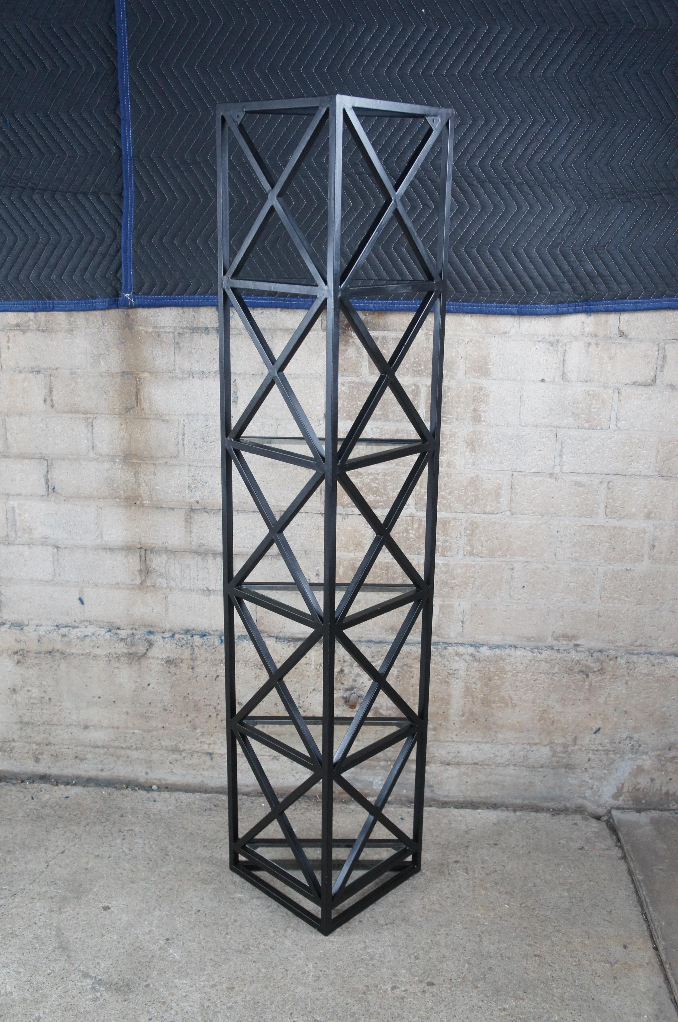 Art Deco Style Geometric Metal & Glass Triangular Corner Shelf Etagere Stand For Sale 2