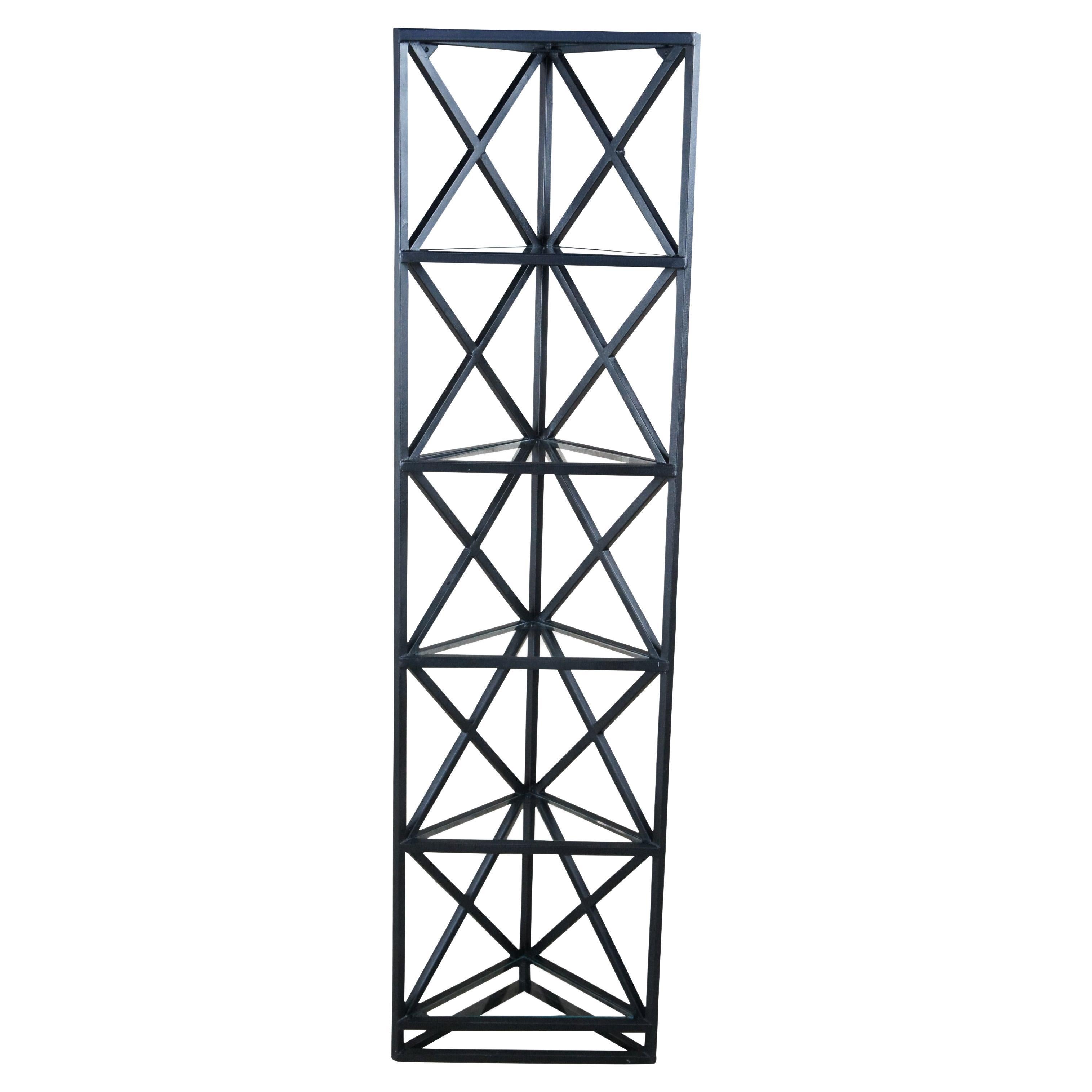 Art Deco Style Geometric Metal & Glass Triangular Corner Shelf Etagere Stand For Sale