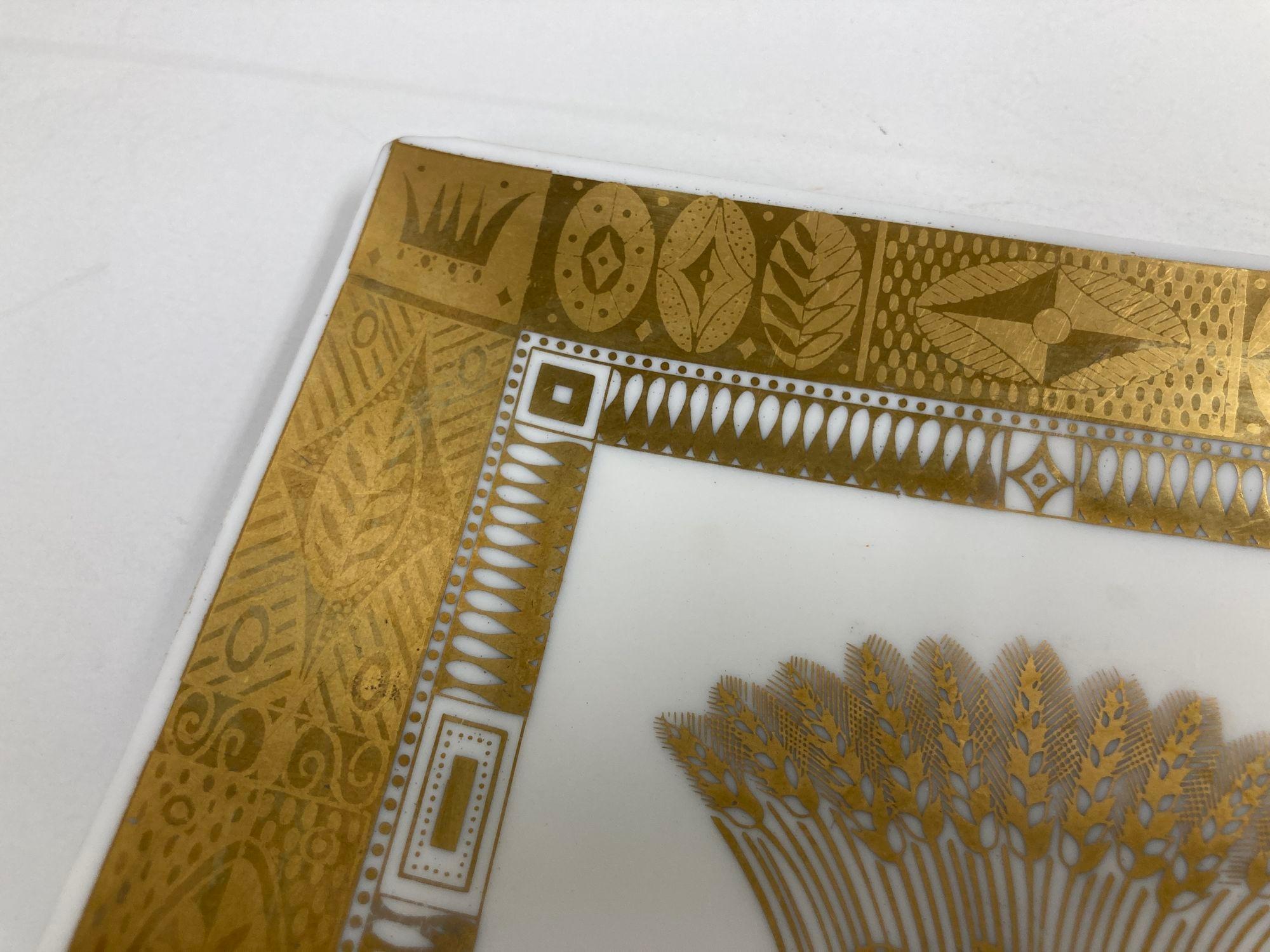 Gilt Art Deco Style Georges Briard Milk Glass Tray Dish in Golden Harvest Design 22 K For Sale